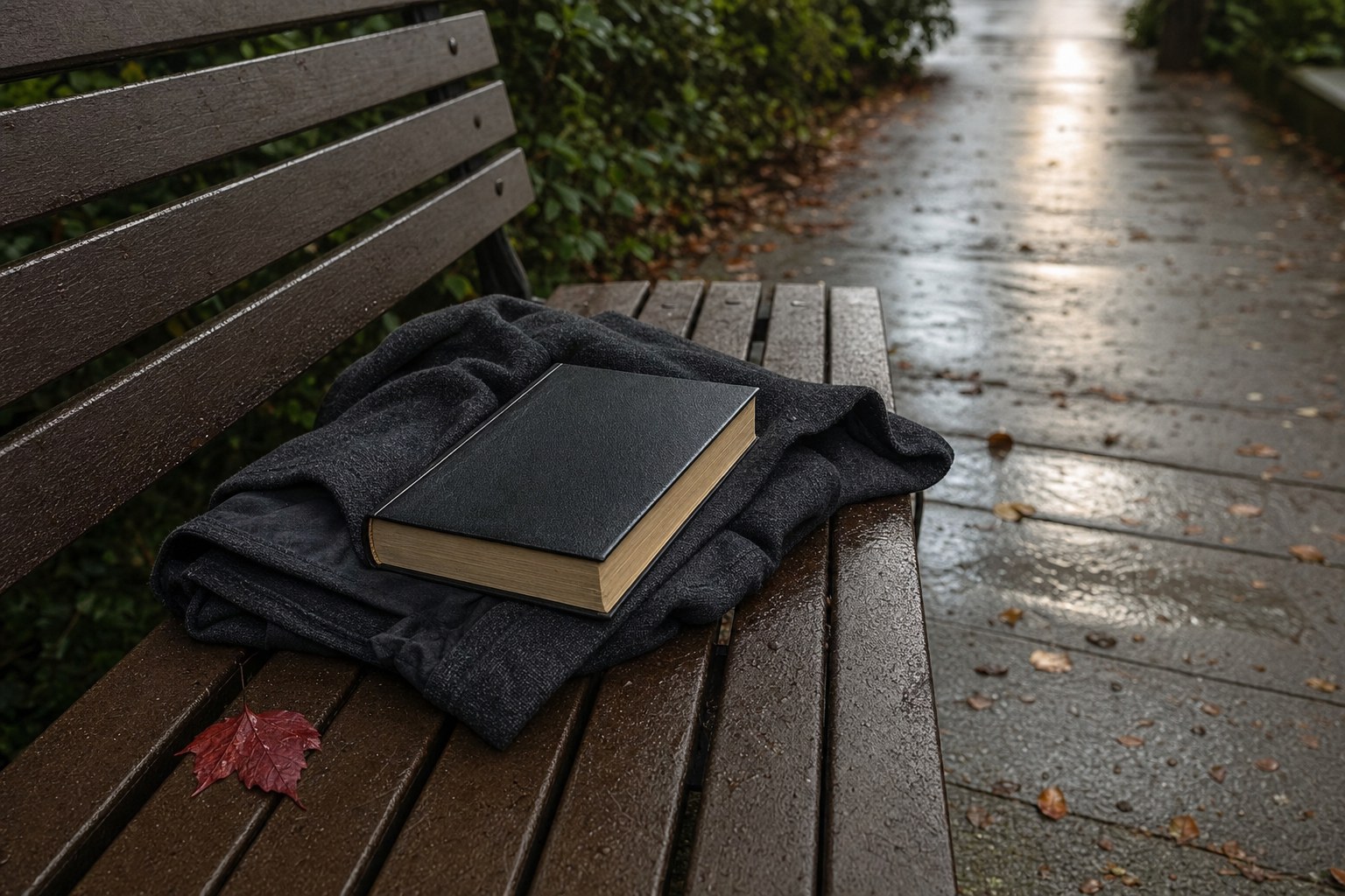 Dark Bible resting on a folded jacket on a rain-wet park bench
