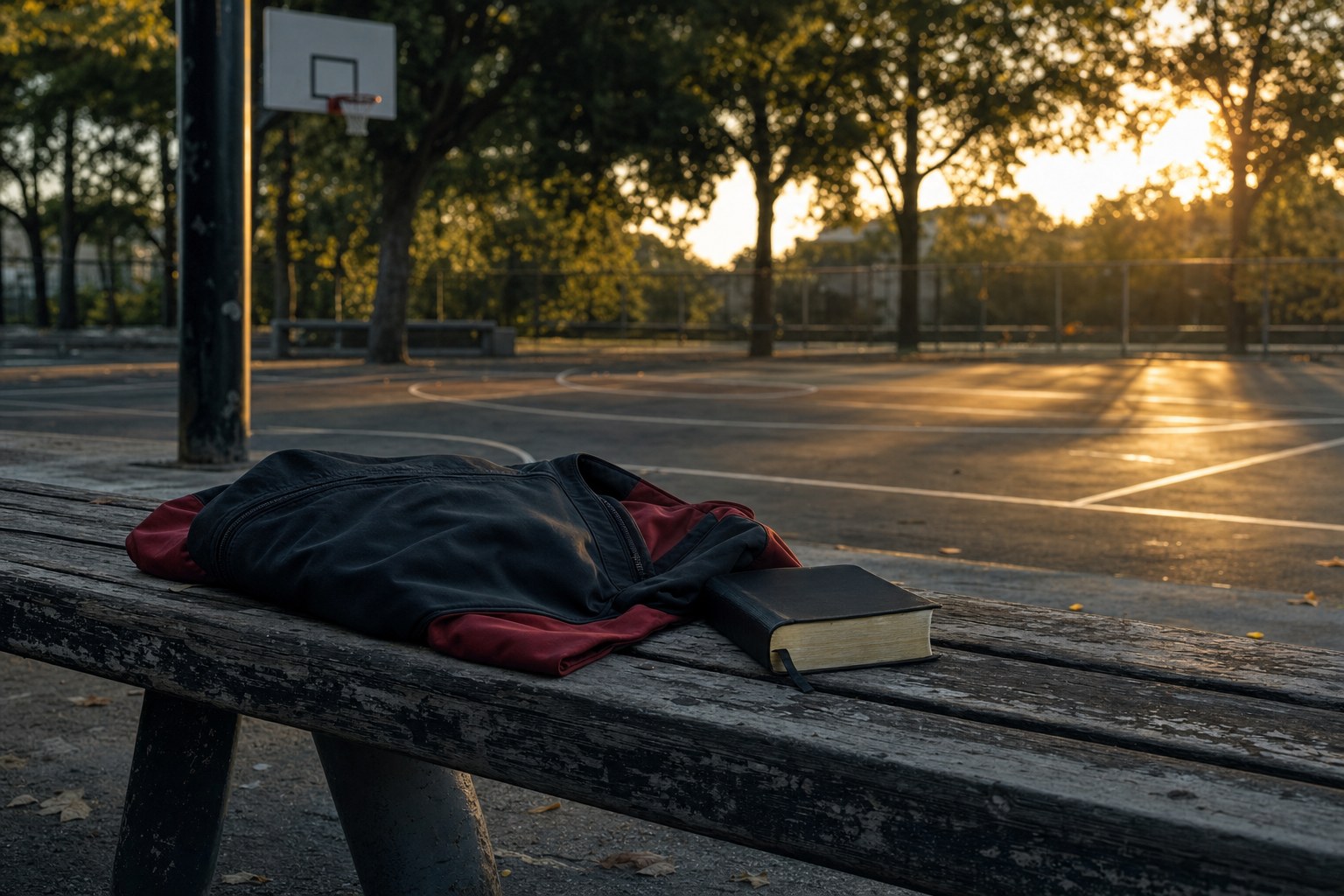 Black and deep-red jacket with a Bible on a bench beside an empty basketball court