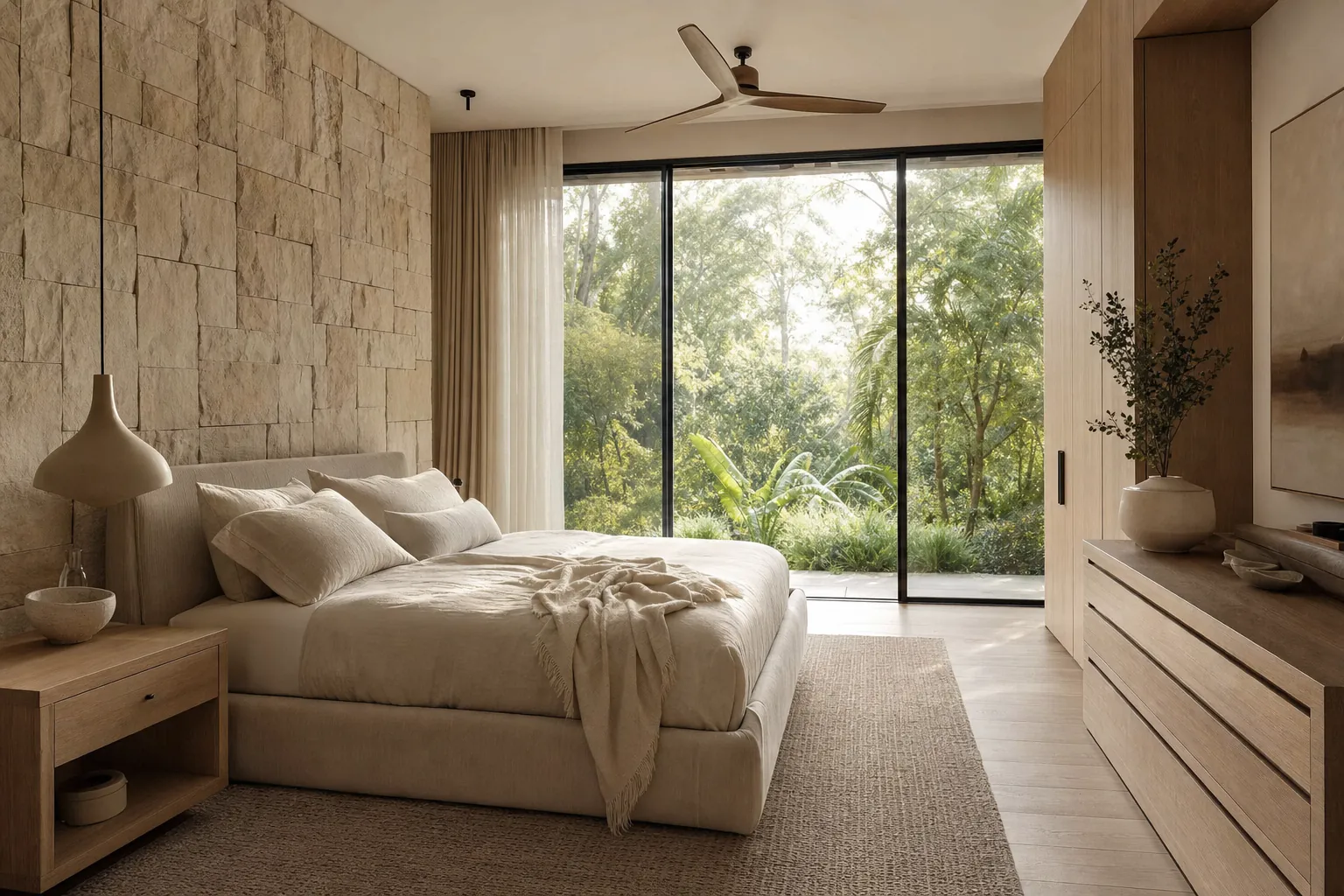 Refined primary suite with warm natural light