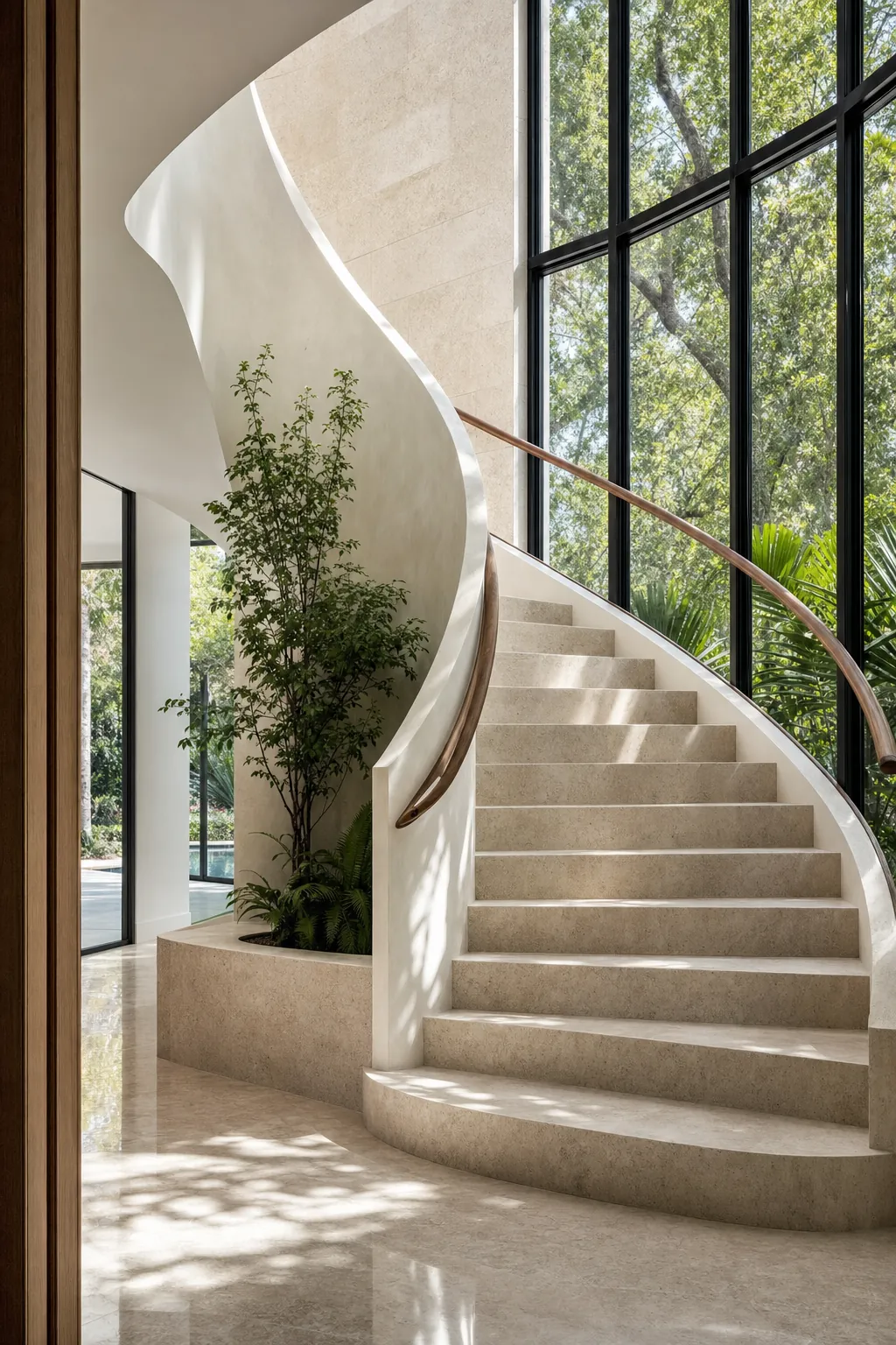 Sculptural staircase in a contemporary residence with natural light