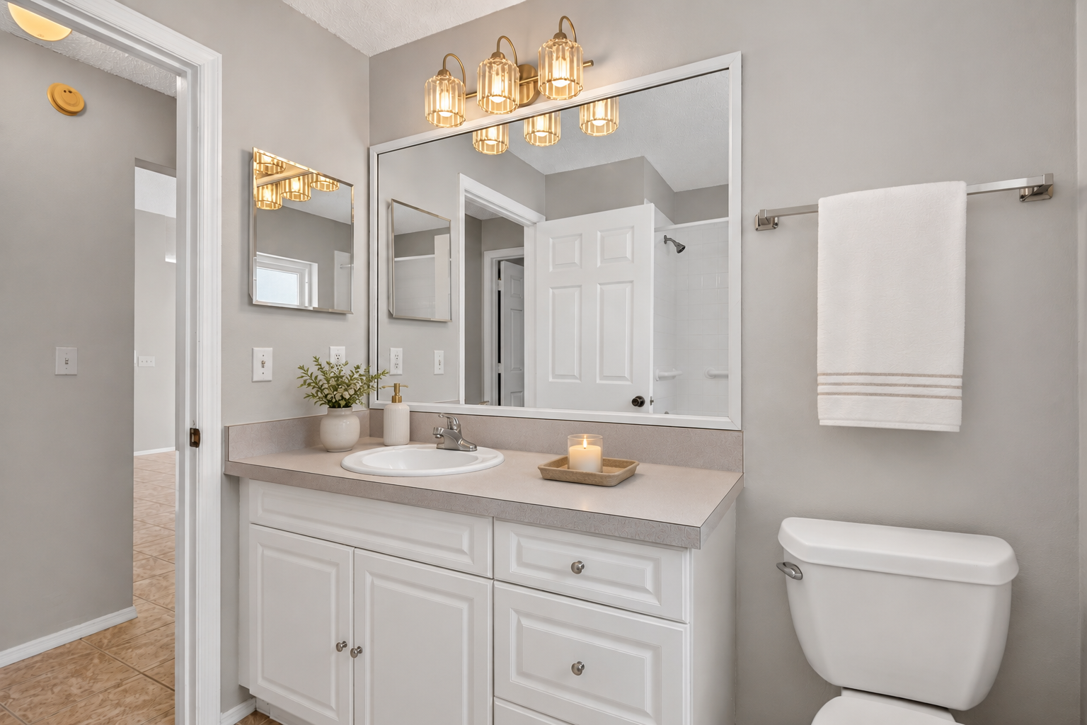 Virtually staged primary bathroom at 1053 Sugarberry Trail