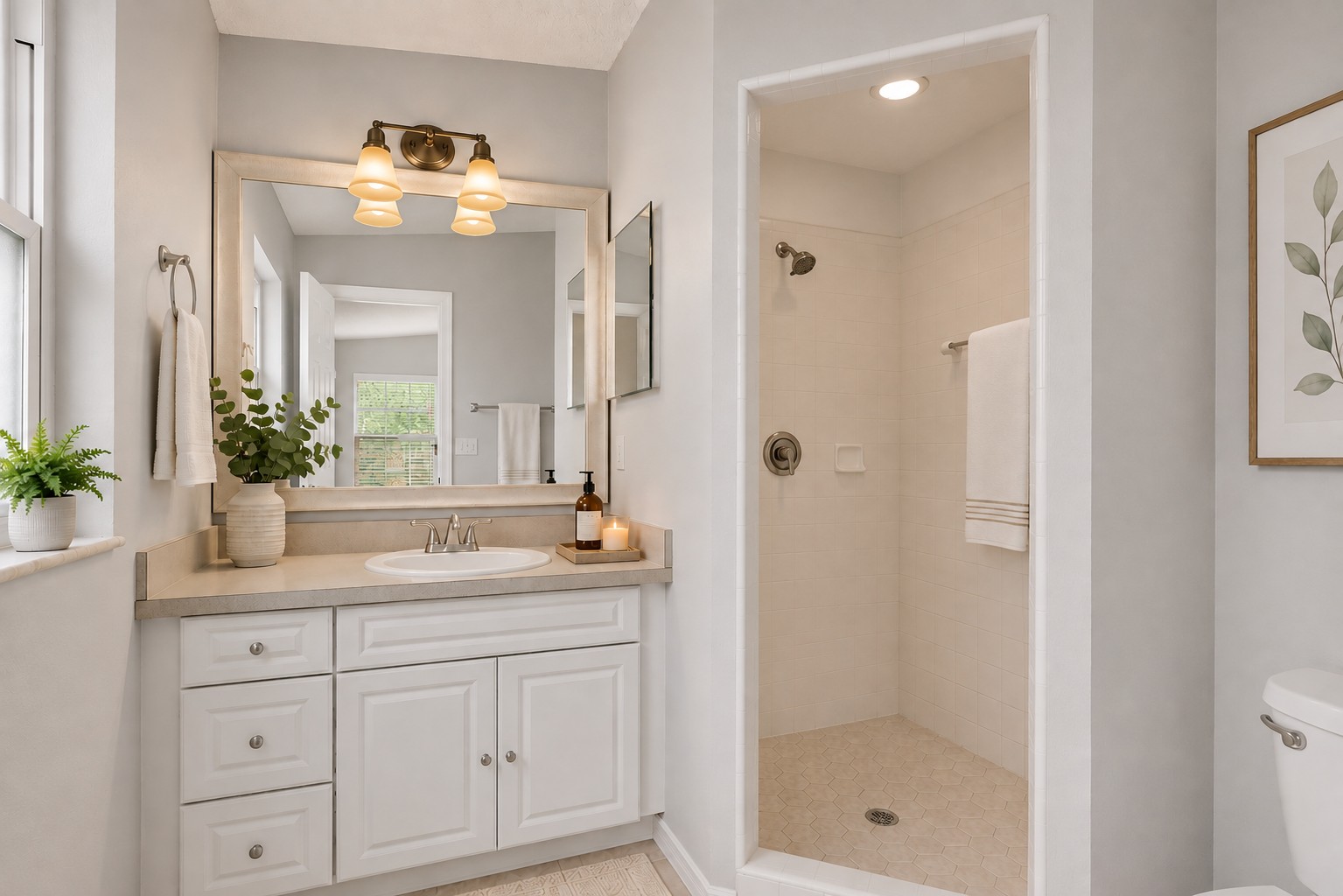 Virtually staged primary bathroom at 1053 Sugarberry Trail