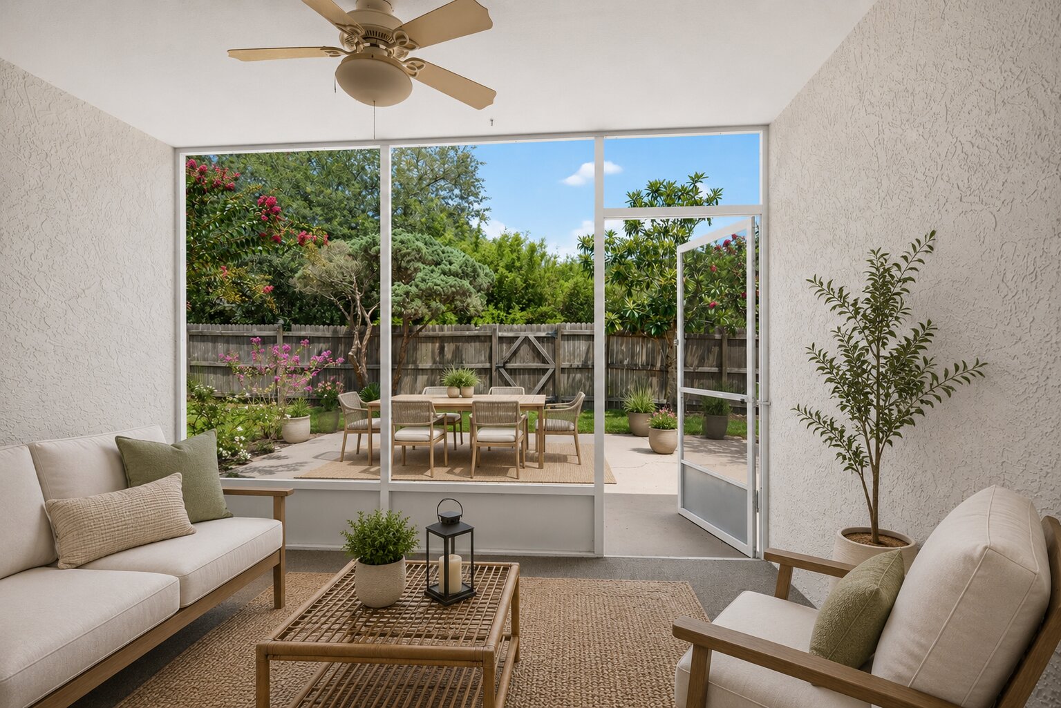 Virtually staged screened porch at 1053 Sugarberry Trail