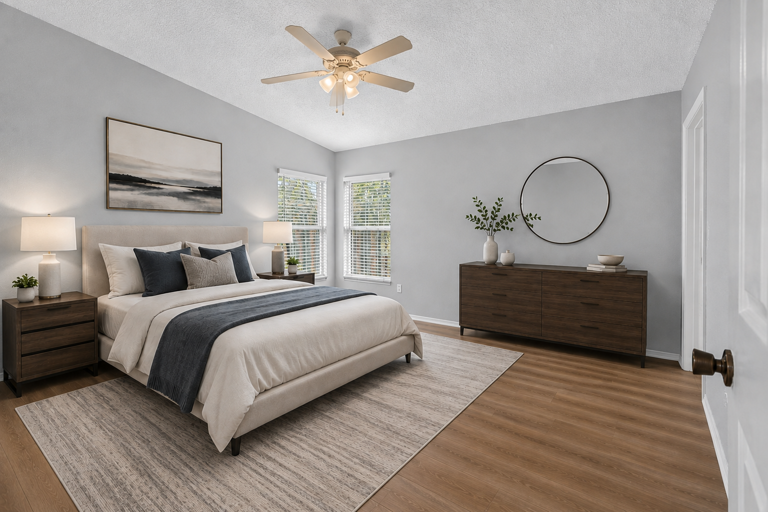 Virtually staged primary bedroom at 1053 Sugarberry Trail
