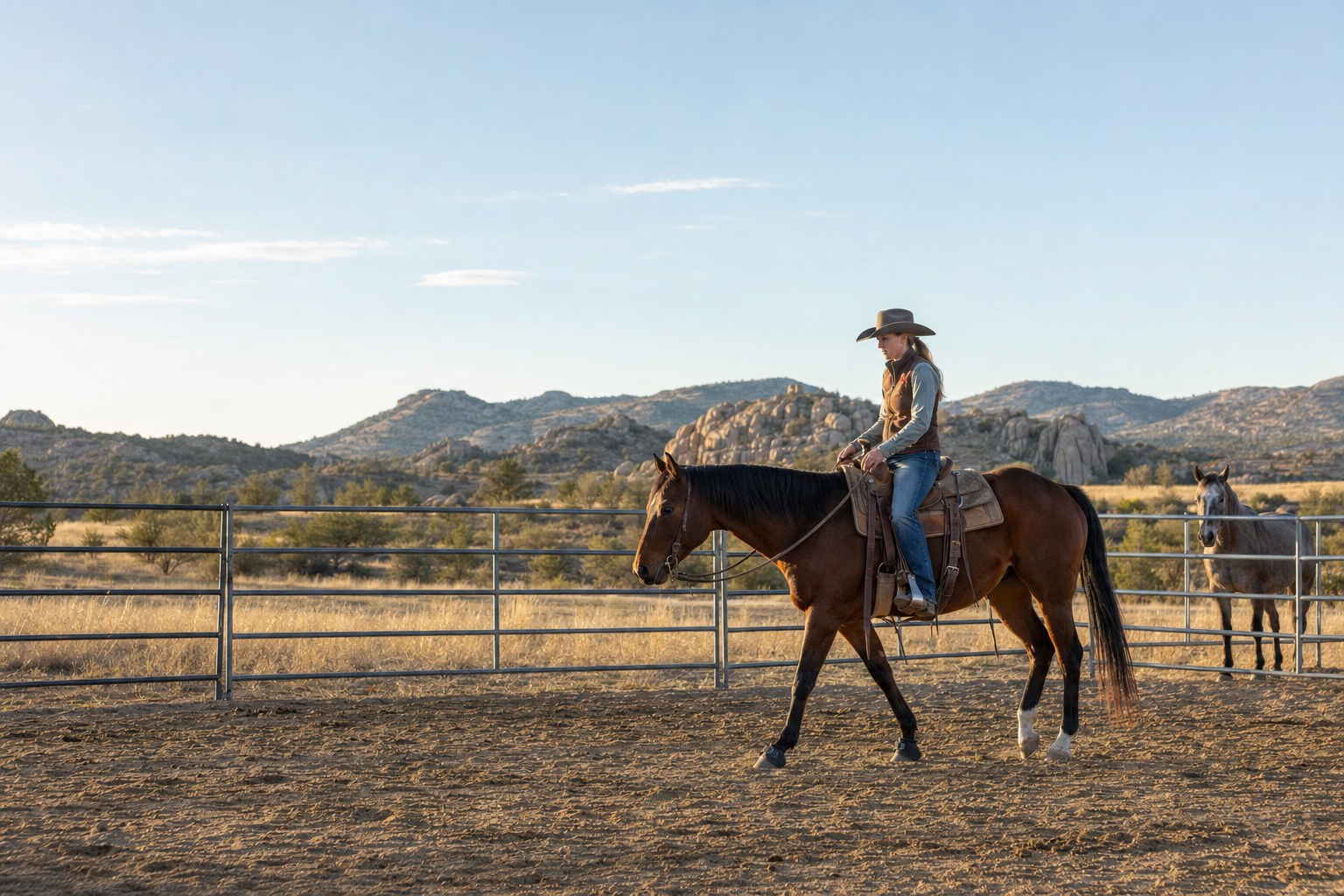Western horse trainer riding a young horse in a Prescott training pen