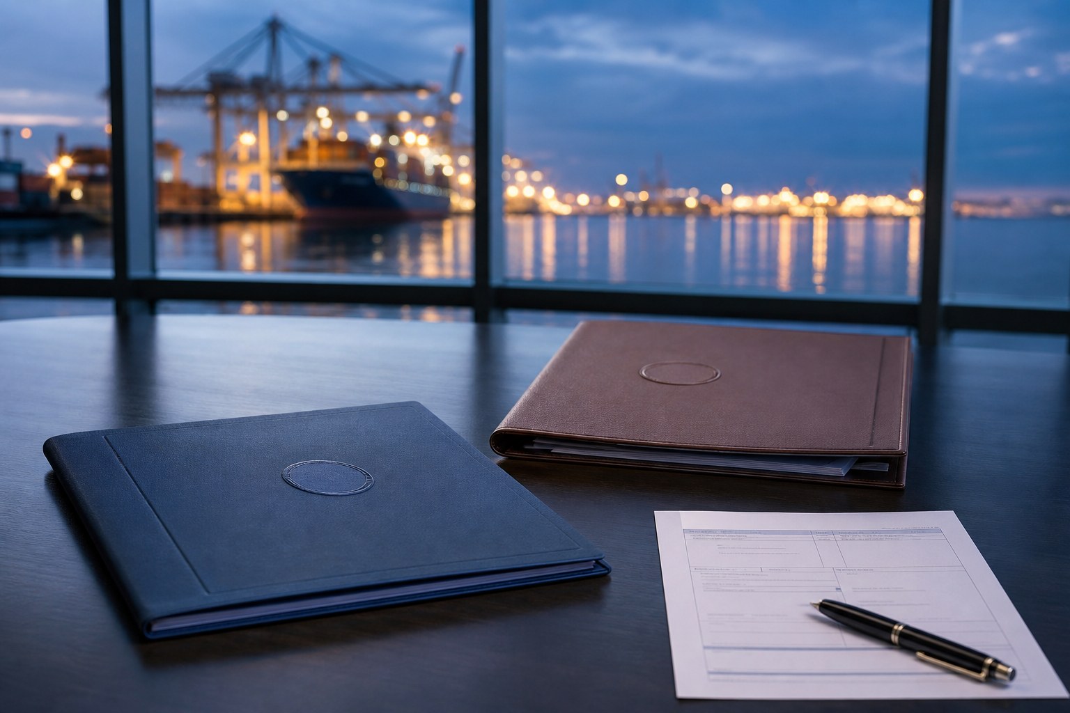 Two document folders and a shipping document on a conference table overlooking a port