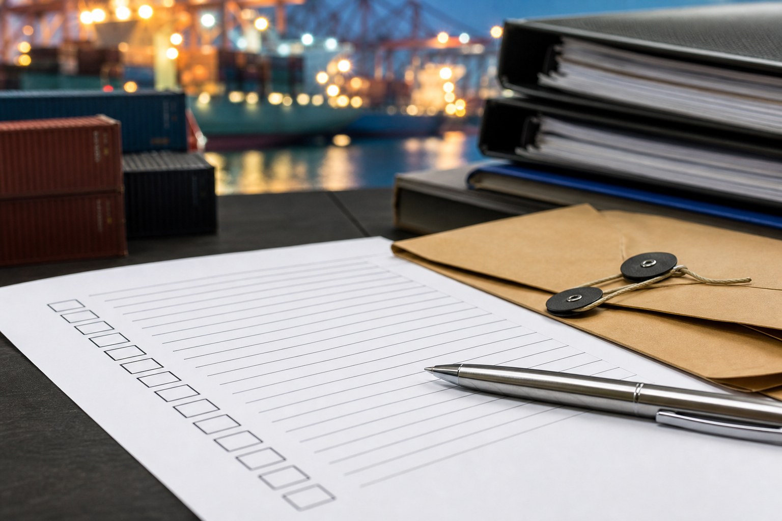 Blank document checklist, secured file envelope, and shipping folders at a cargo terminal