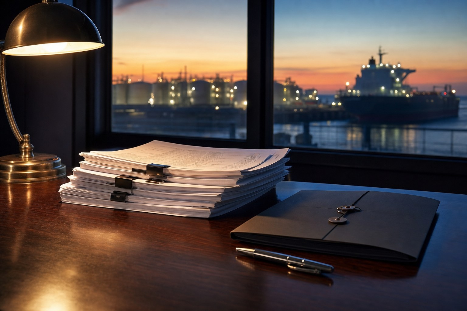 Document folders and shipping papers on a desk overlooking an energy port at dusk