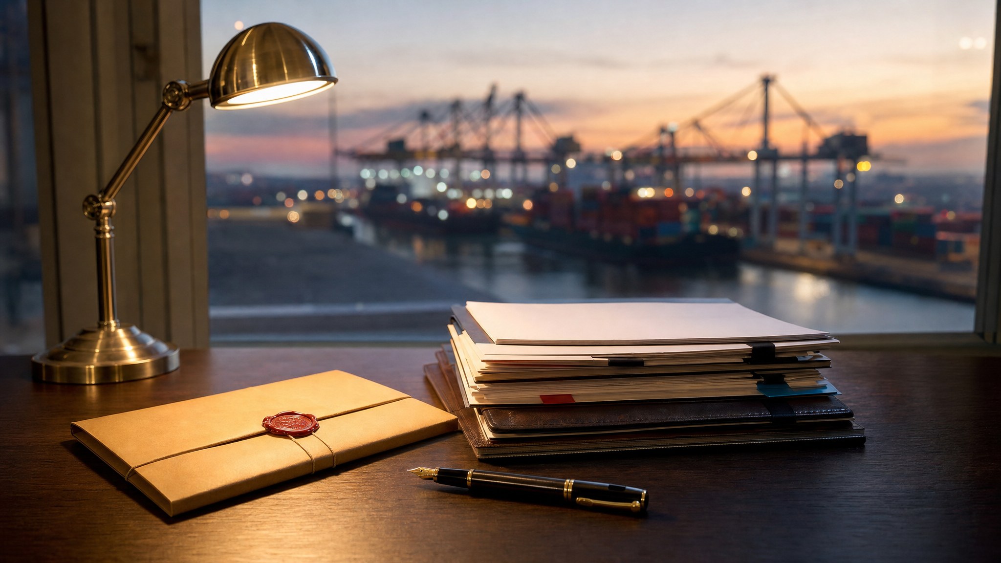 Secured trade document folders on a desk overlooking a cargo port at dusk