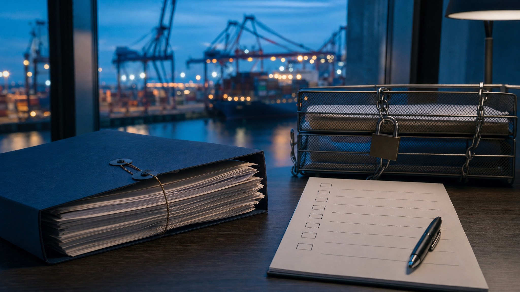 Secured document tray, checklist, and trade file beside a cargo port at blue hour