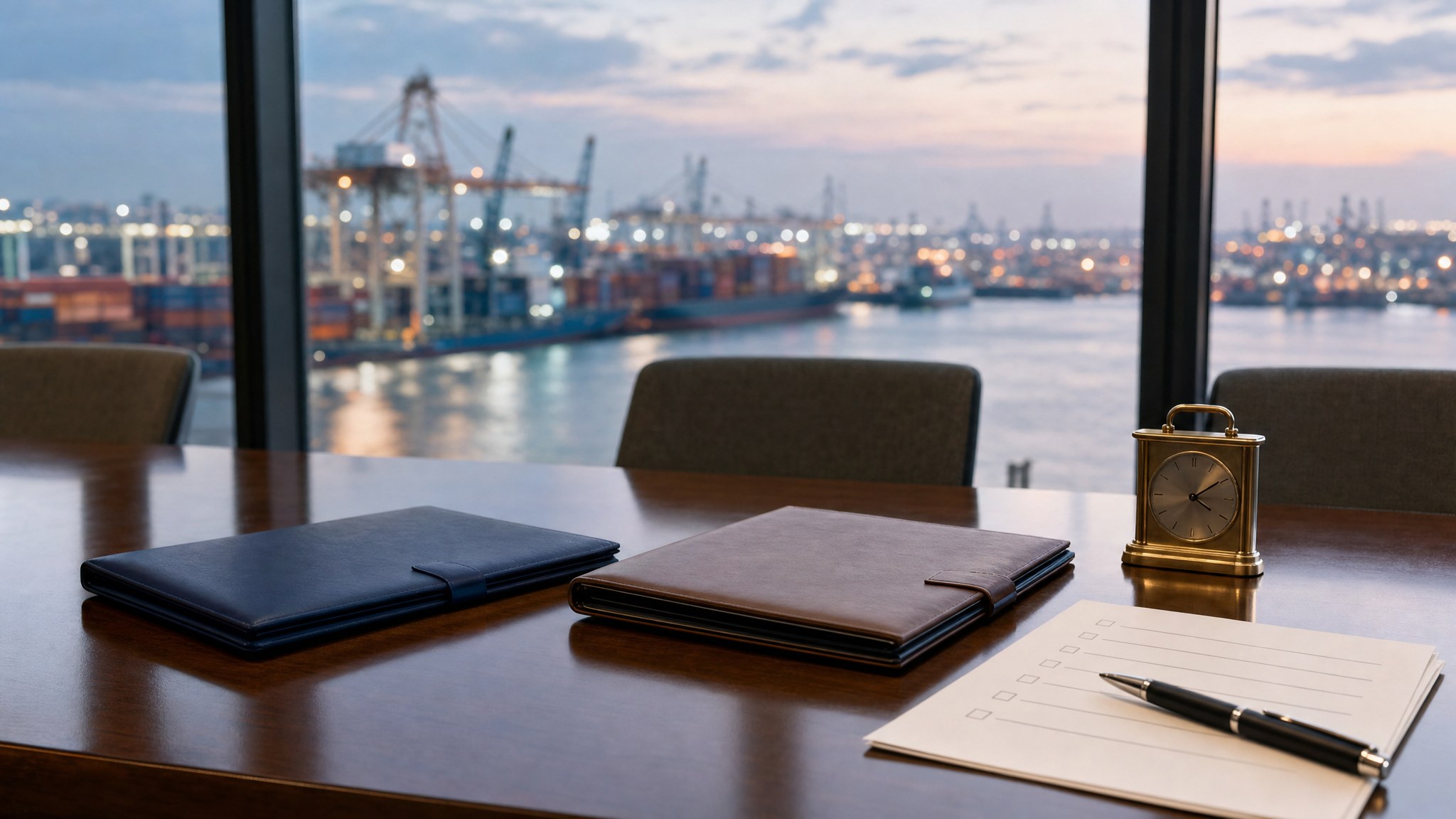 Two secured document folders and a clock on a conference table overlooking a cargo port