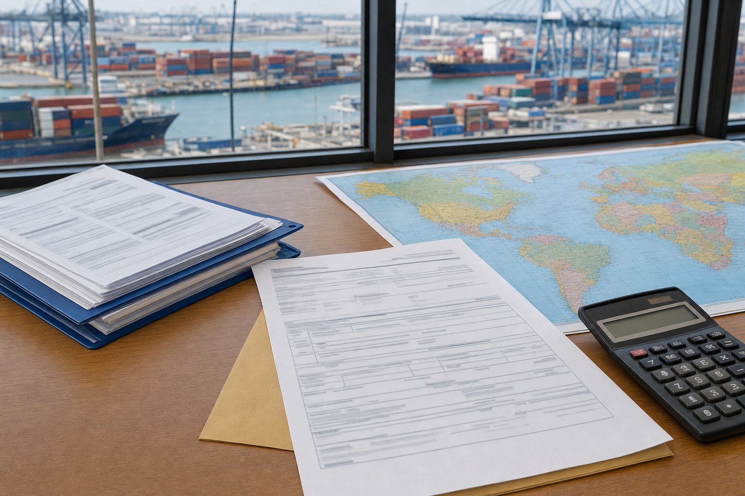 Shipping document packet and world map on a desk overlooking a cargo port