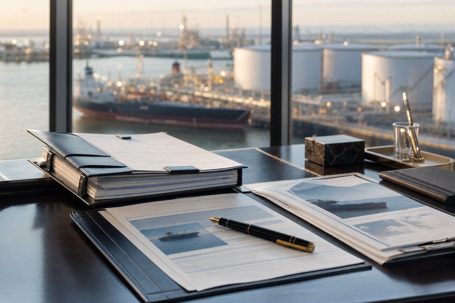 Trade documents and a fountain pen on a desk overlooking an energy terminal