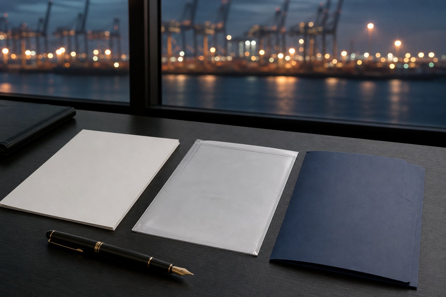 Blank document papers, a clear document sleeve, and a blue folder on a desk overlooking a cargo terminal