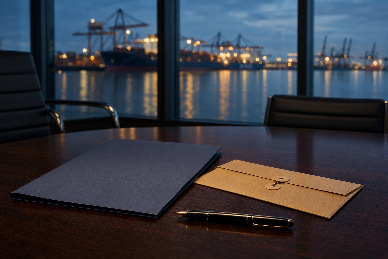 Unmarked document folder and sealed envelope on a conference table overlooking a cargo terminal