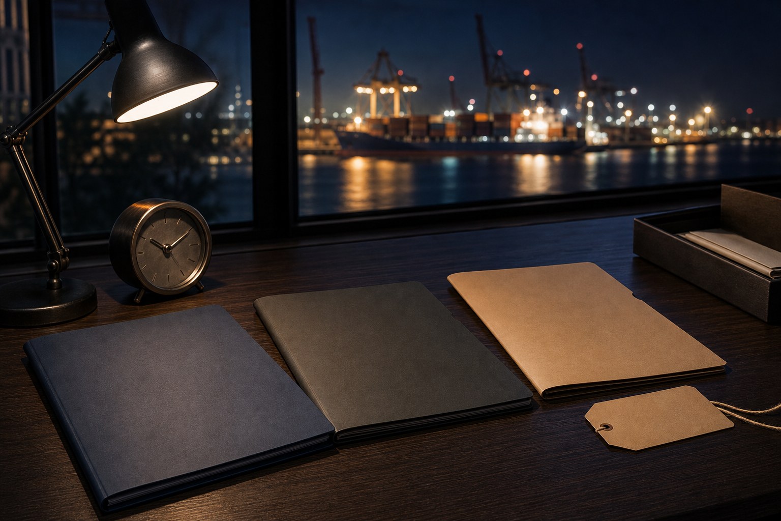 Three unmarked document folders and a desk clock arranged for review beside a cargo harbor at night