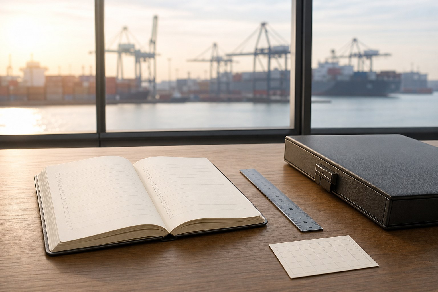 Open blank checklist notebook, ruler, document case, and calendar card on a desk overlooking a cargo port