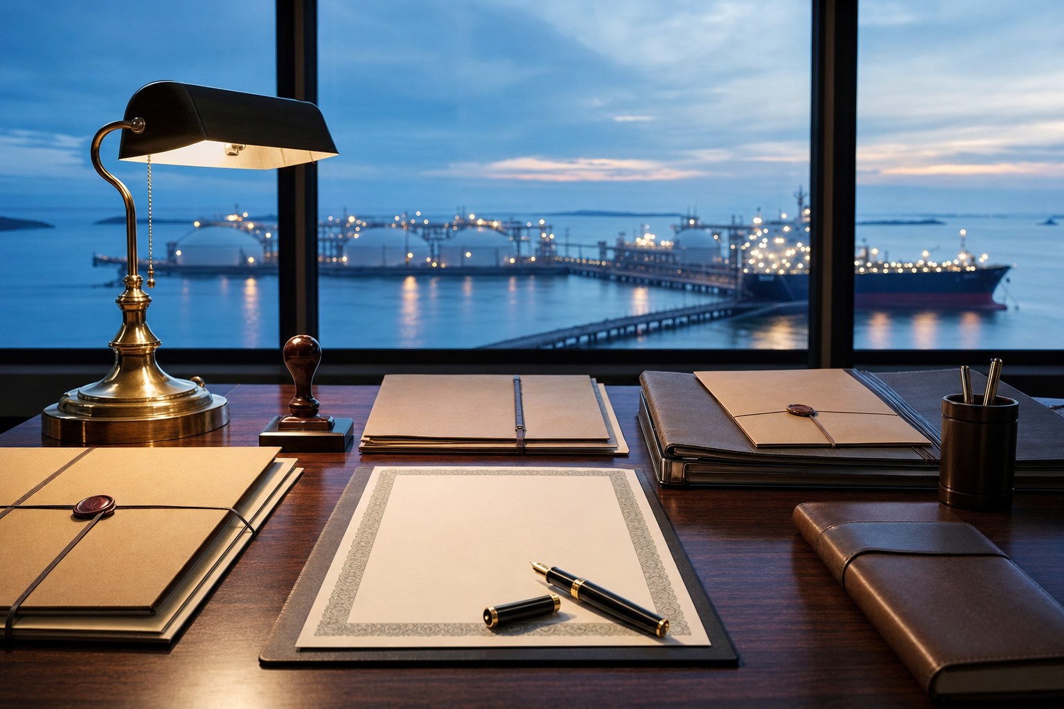 Trade document folders and a fountain pen overlooking an illuminated energy terminal