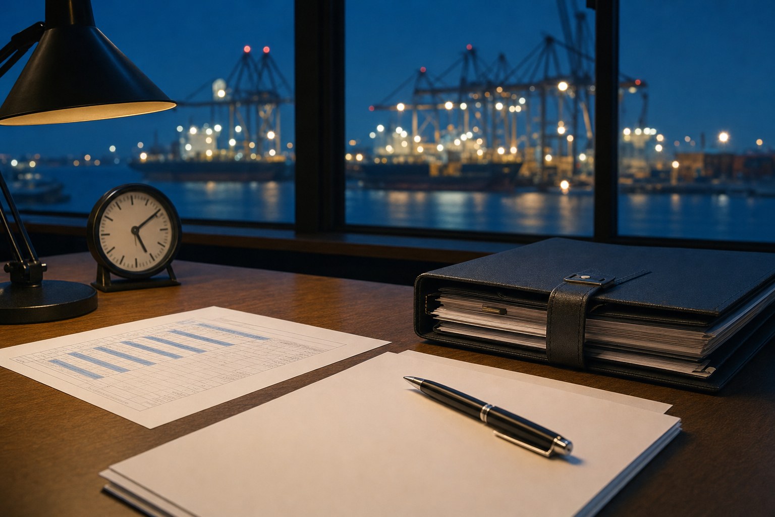 Trade document folder, shipping schedule, and desk clock overlooking an illuminated cargo terminal