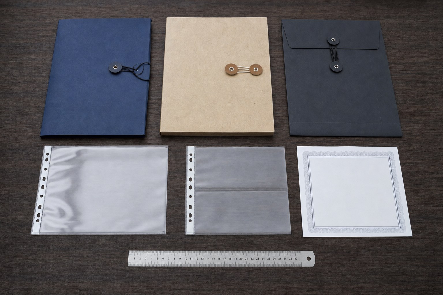 Three sealed trade document folders, document sleeves, and an inspection certificate arranged on a desk