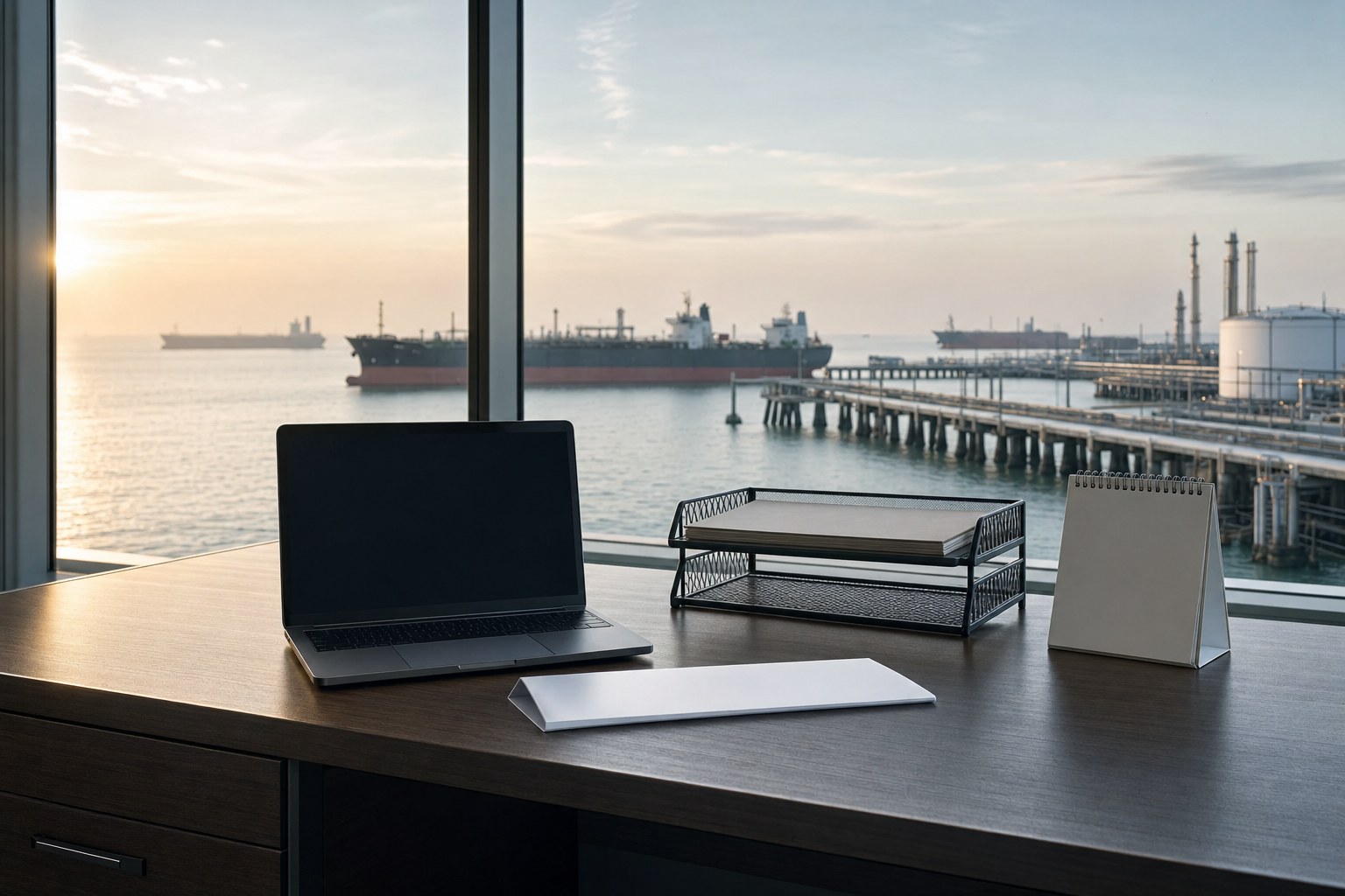 Trade review desk overlooking tankers and an energy terminal