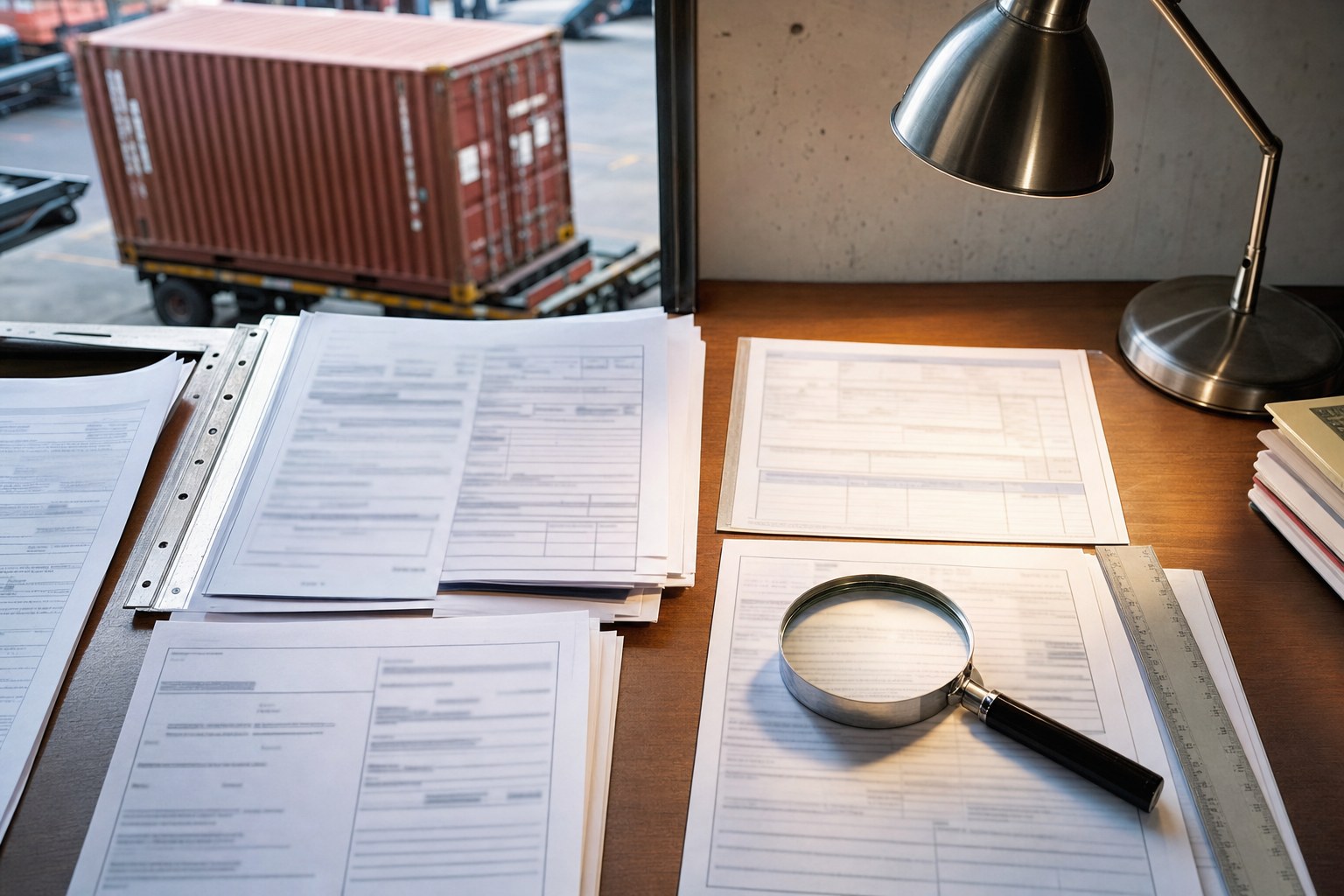 Trade documents under review beside a cargo container terminal