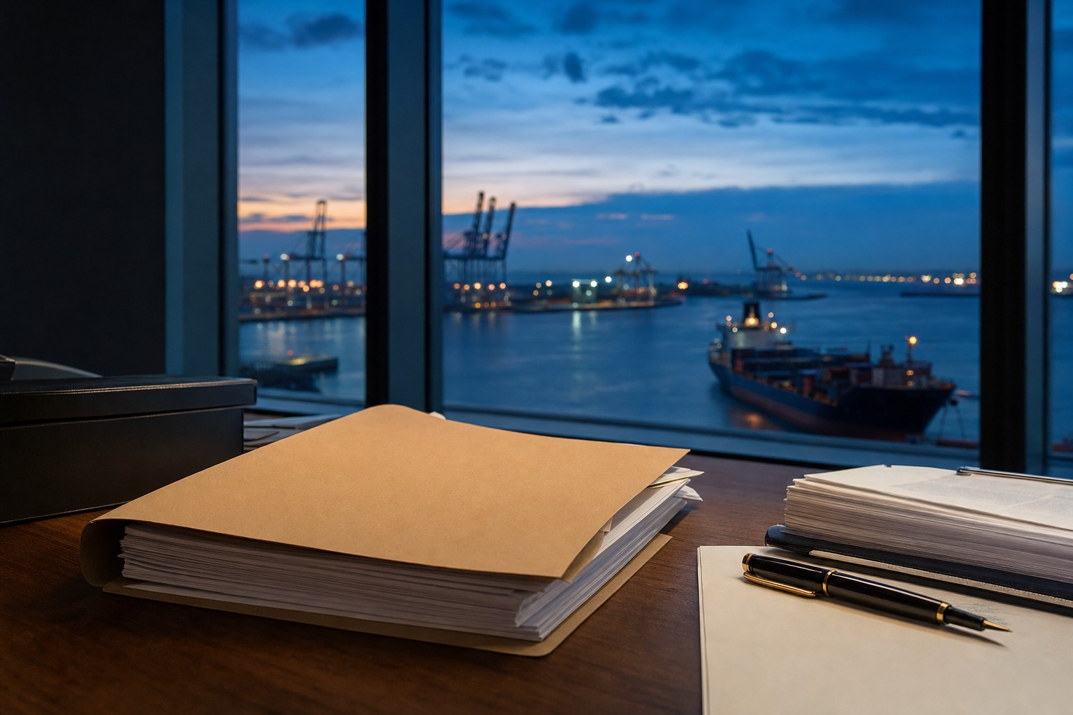 Trade document folders and a pen overlooking a cargo port at dusk