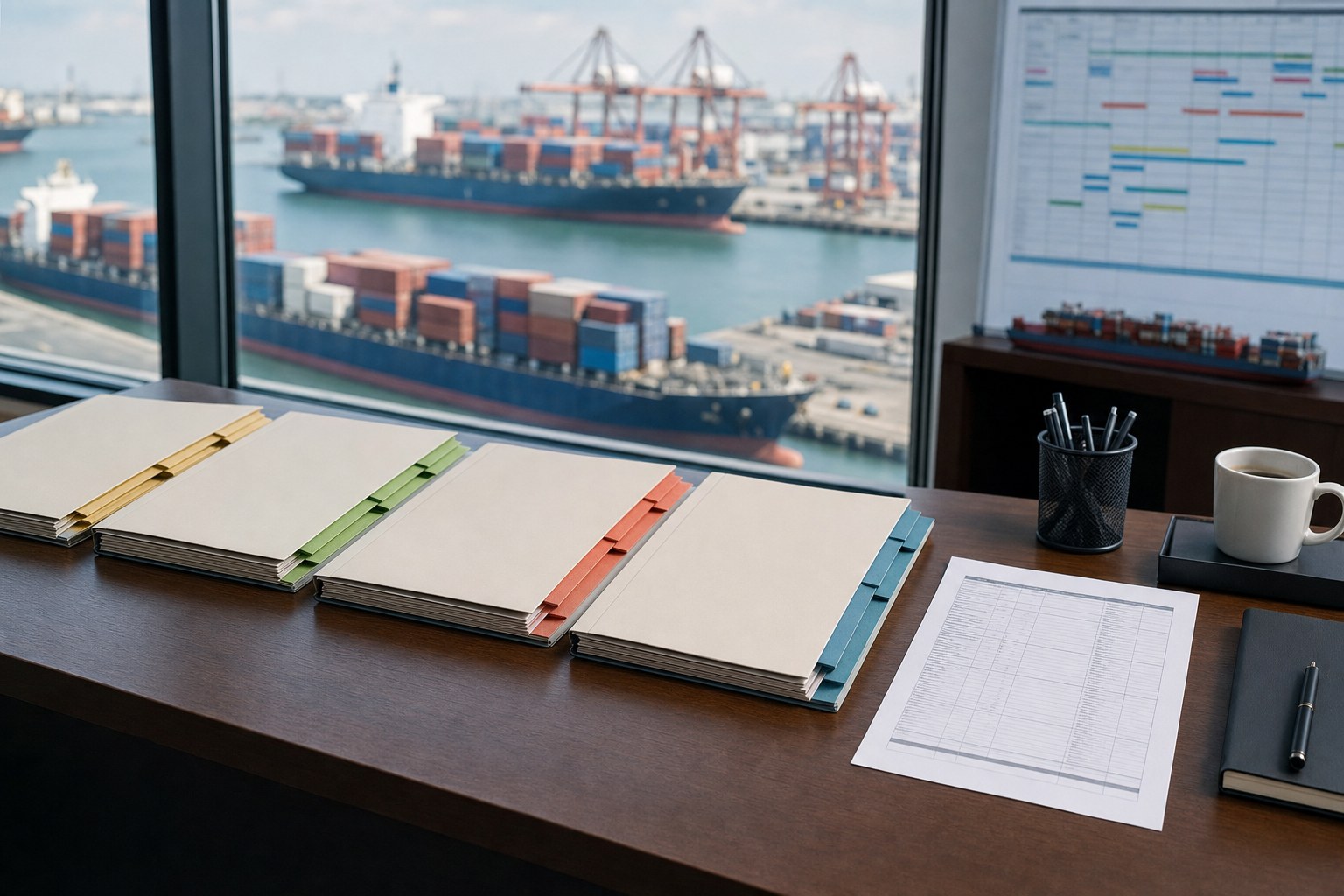 Organized document folders and shipping schedule overlooking a container port