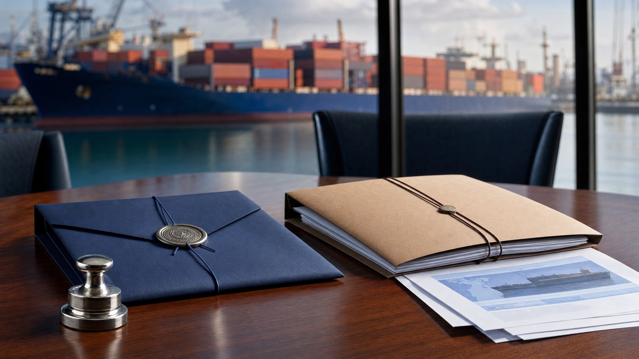 Two secured document folders on a conference table overlooking a cargo ship