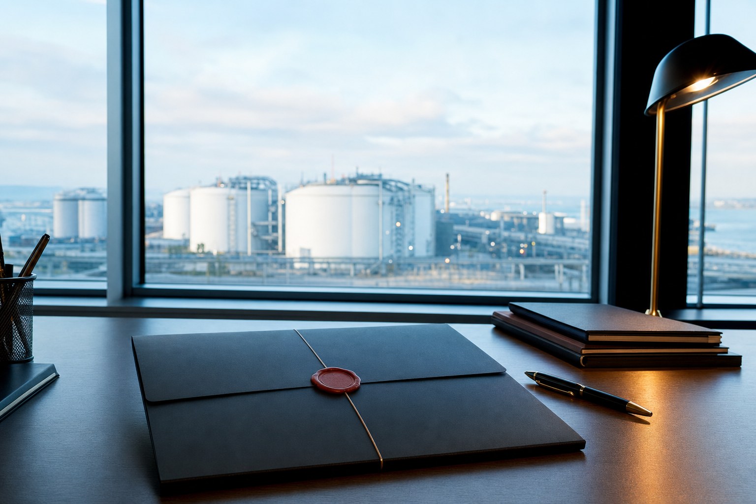 Secured document folder on a desk overlooking fuel storage tanks