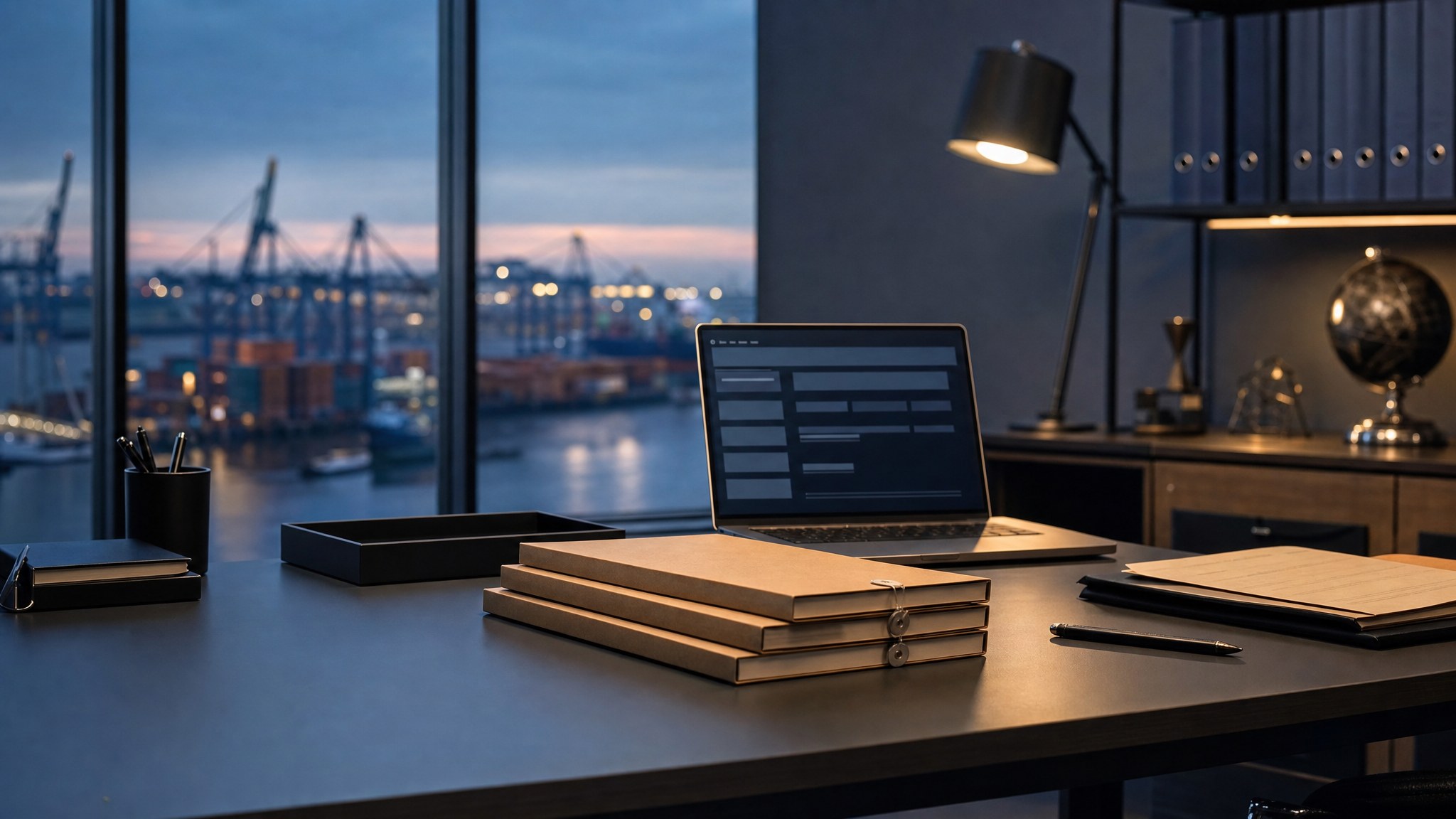 Document folders on a trade finance desk overlooking a cargo port
