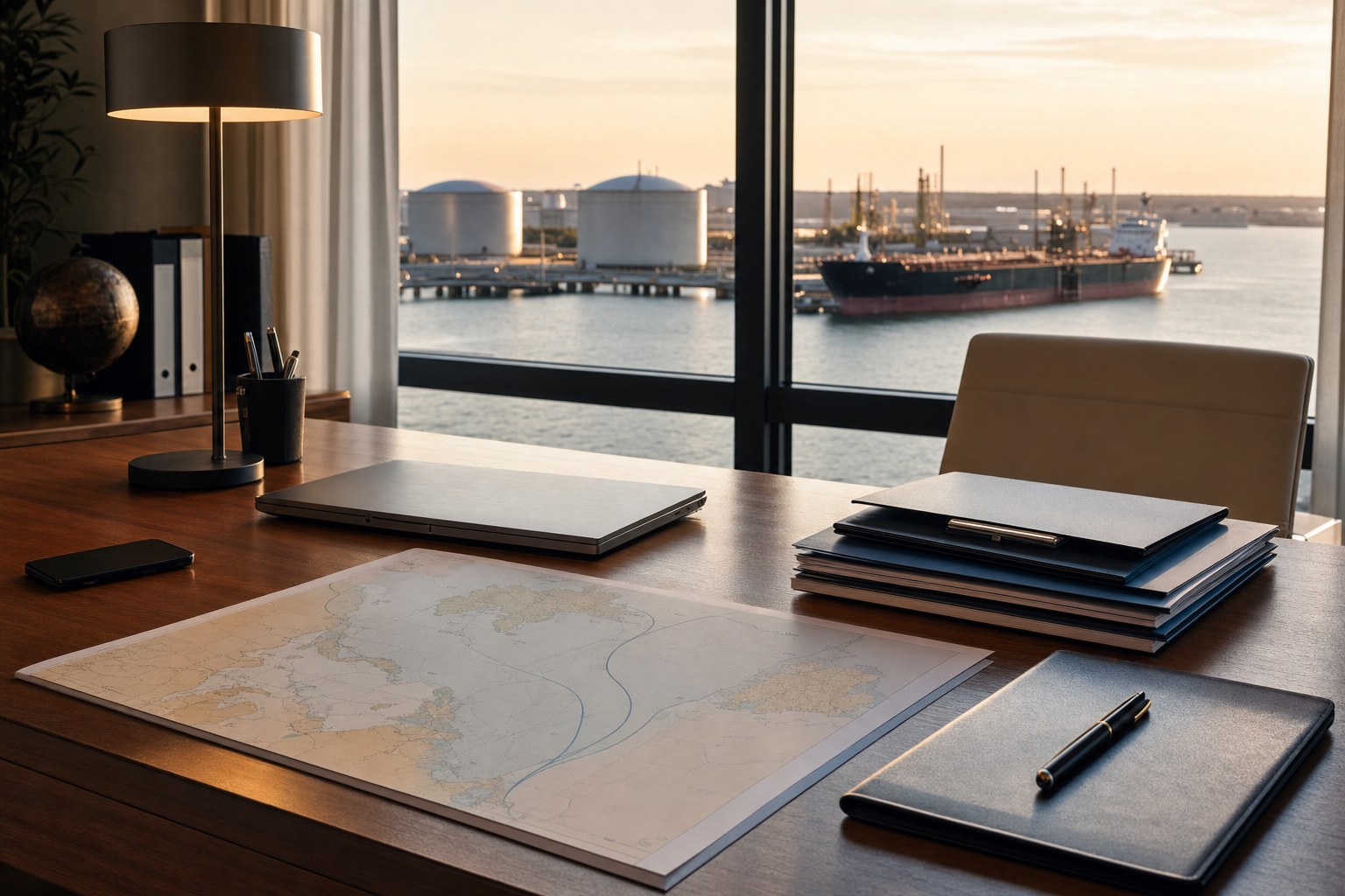 Organized trade meeting desk with document folders and a tanker terminal view