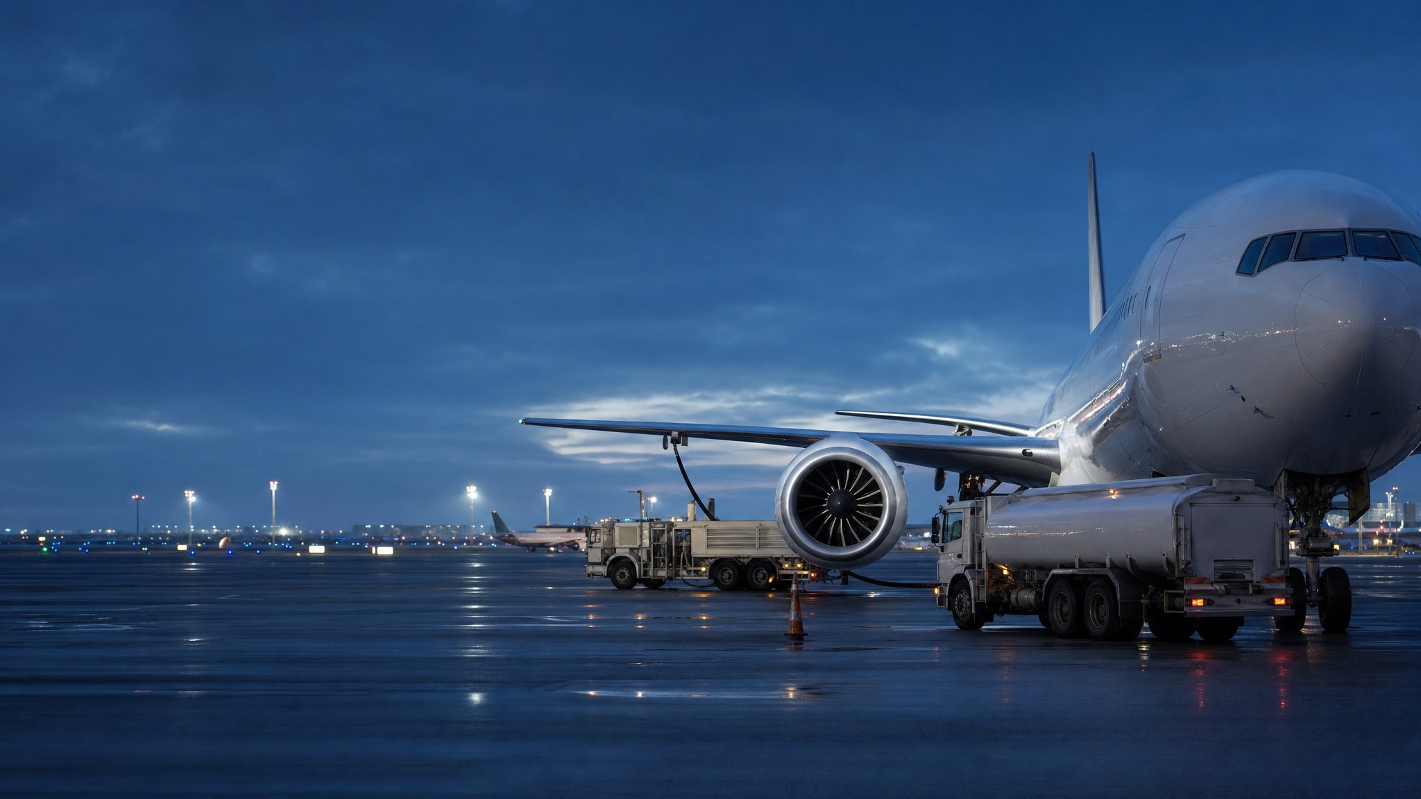 Commercial aircraft receiving fuel from a tanker truck at an international airport