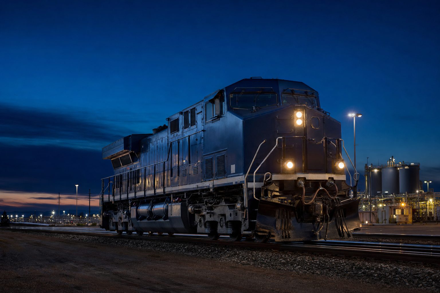 Diesel-electric railway locomotive in a freight rail yard at dusk