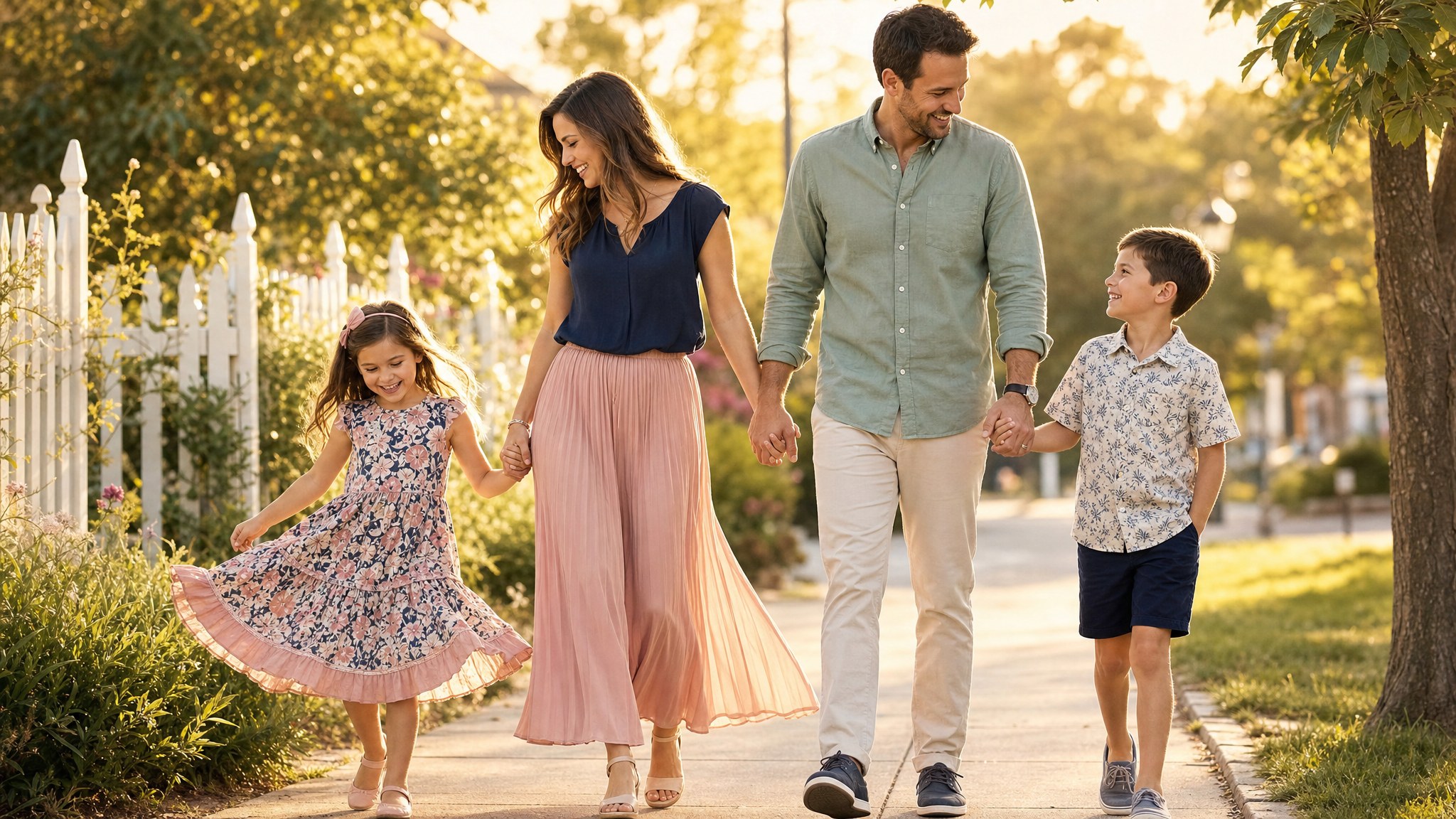 Family of four walking together in coordinated blush, navy, and sage outfits