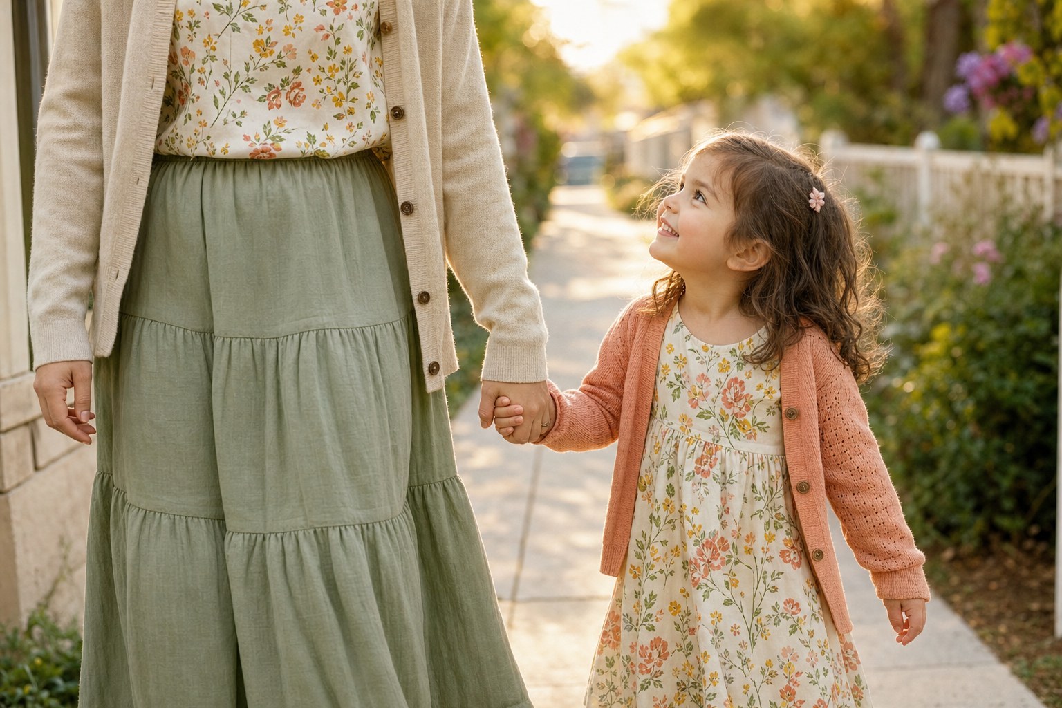 Parent and child holding hands in complementary floral and blush outfits
