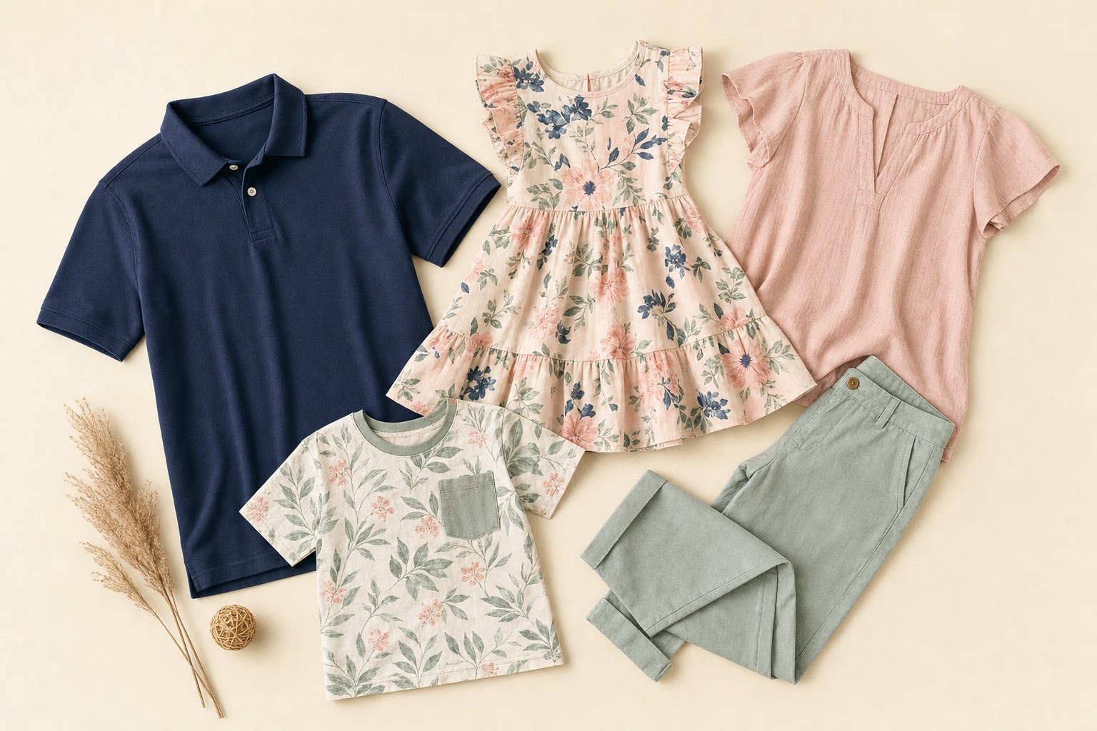 Coordinated family outfit pieces in navy, blush, sage, and floral prints