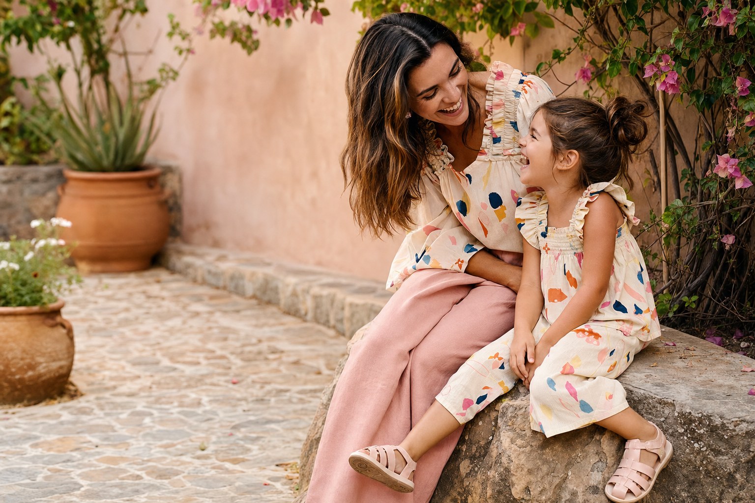 Parent and child laughing together in coordinated colorful outfits