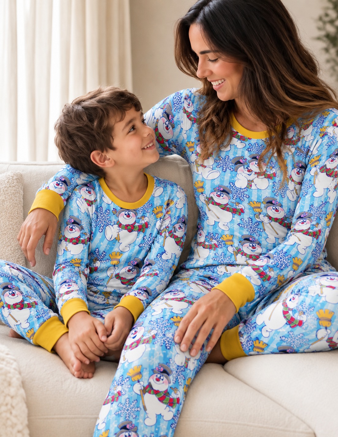 Mother and son wearing matching blue bamboo lounge sets