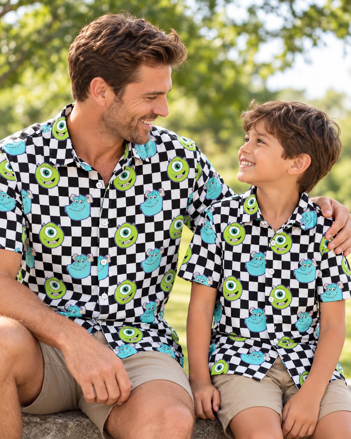 Father and son in matching black-and-white checkerboard character-print polos