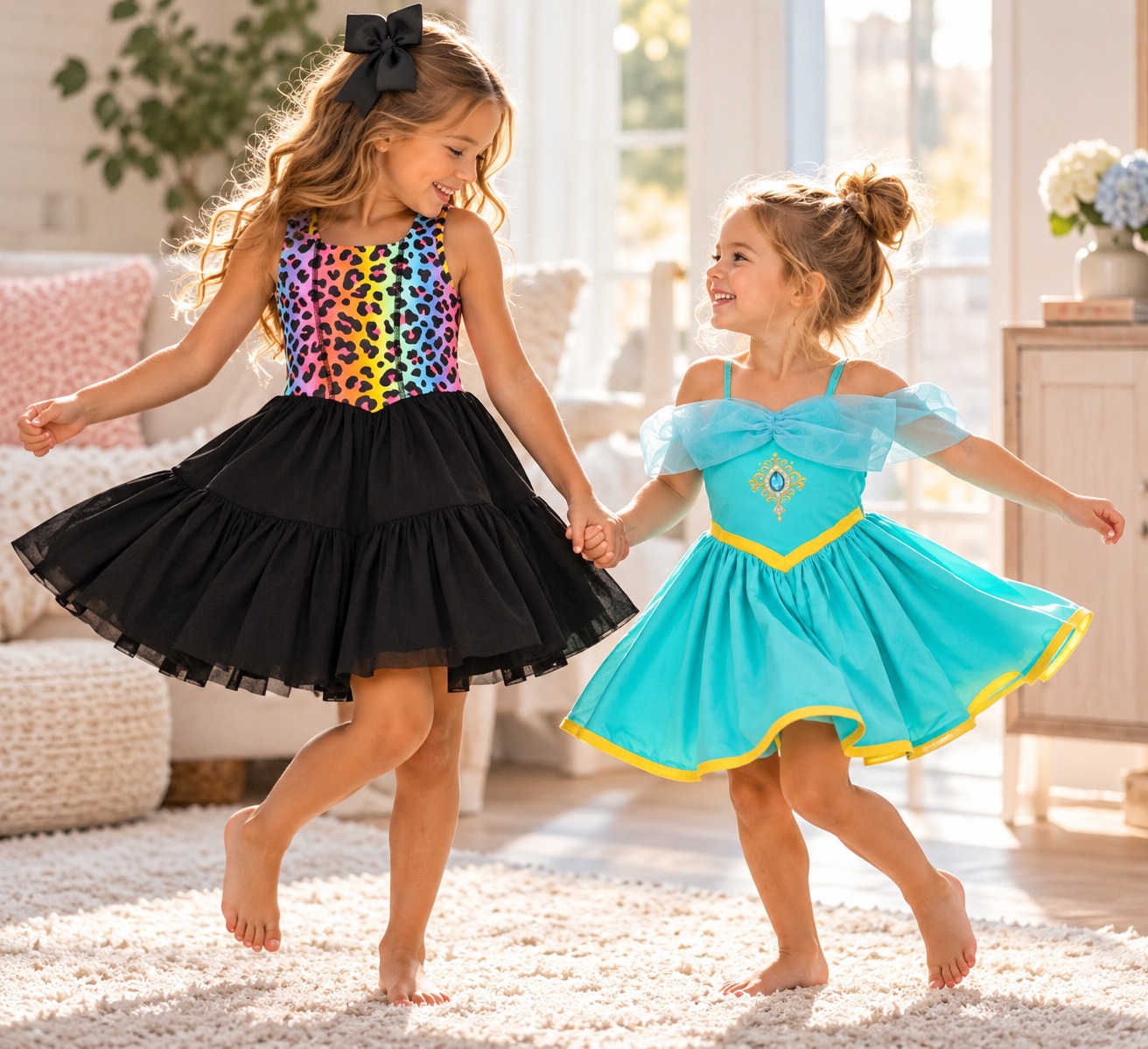 Two girls twirling in a rainbow leopard-print black dress and a turquoise princess-style dress