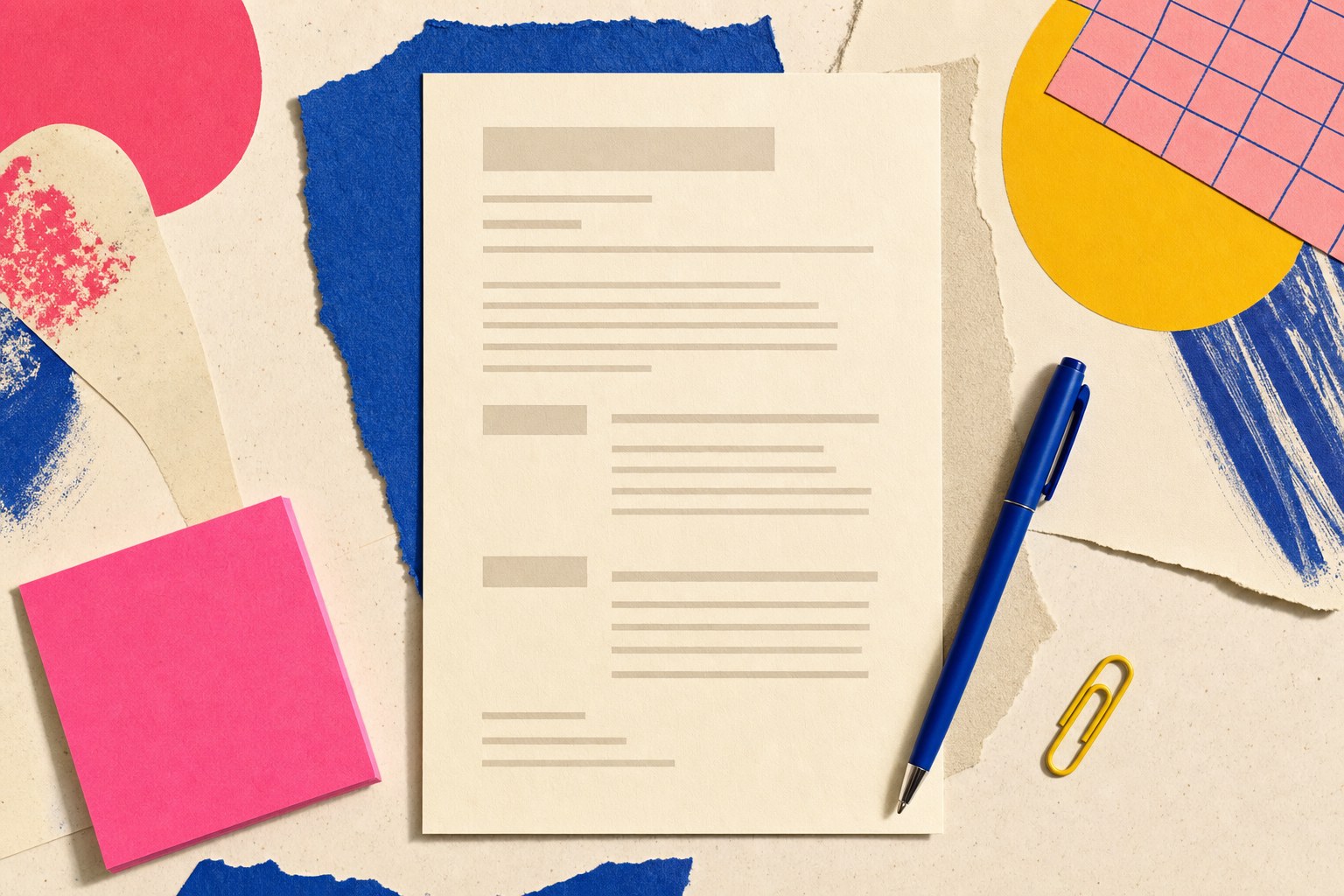 Resume page with a blue pen, pink note, and yellow paper clip on a desk
