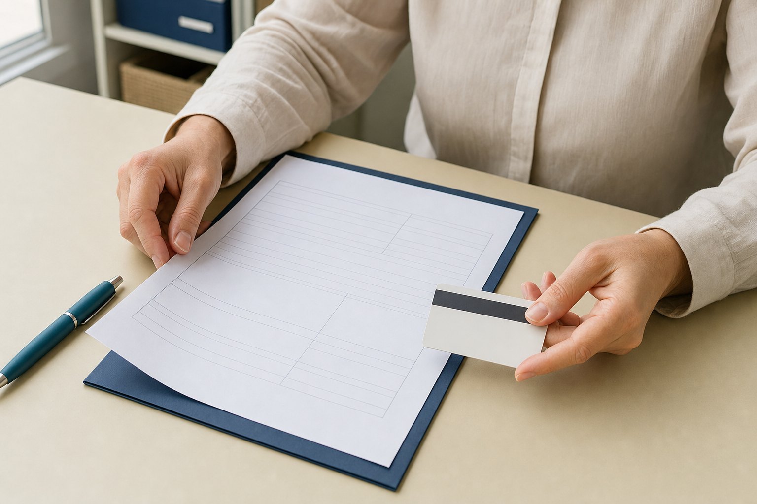 Practice administrator reviewing an intake form and insurance card