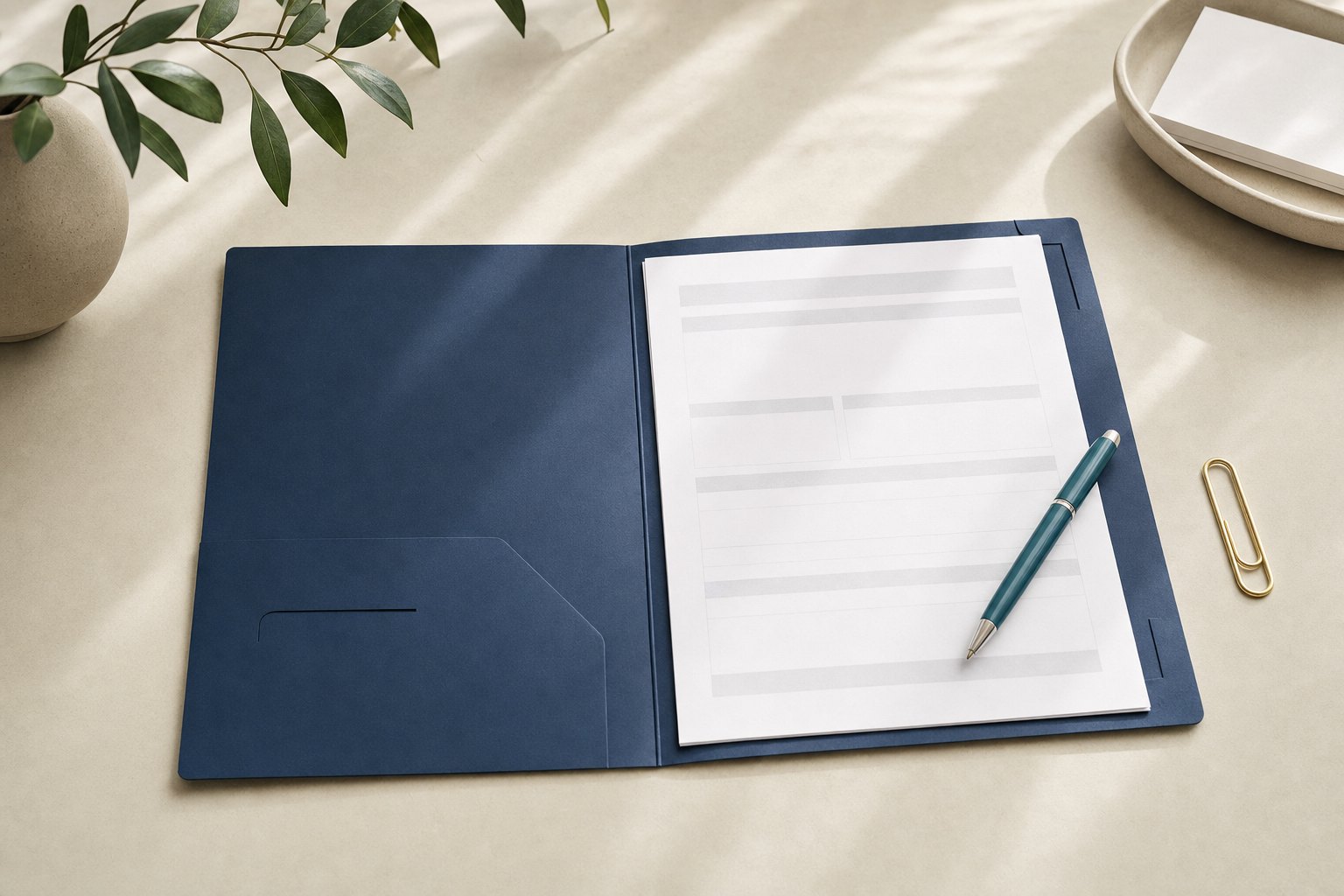 Claim review materials in a navy folder with a teal pen
