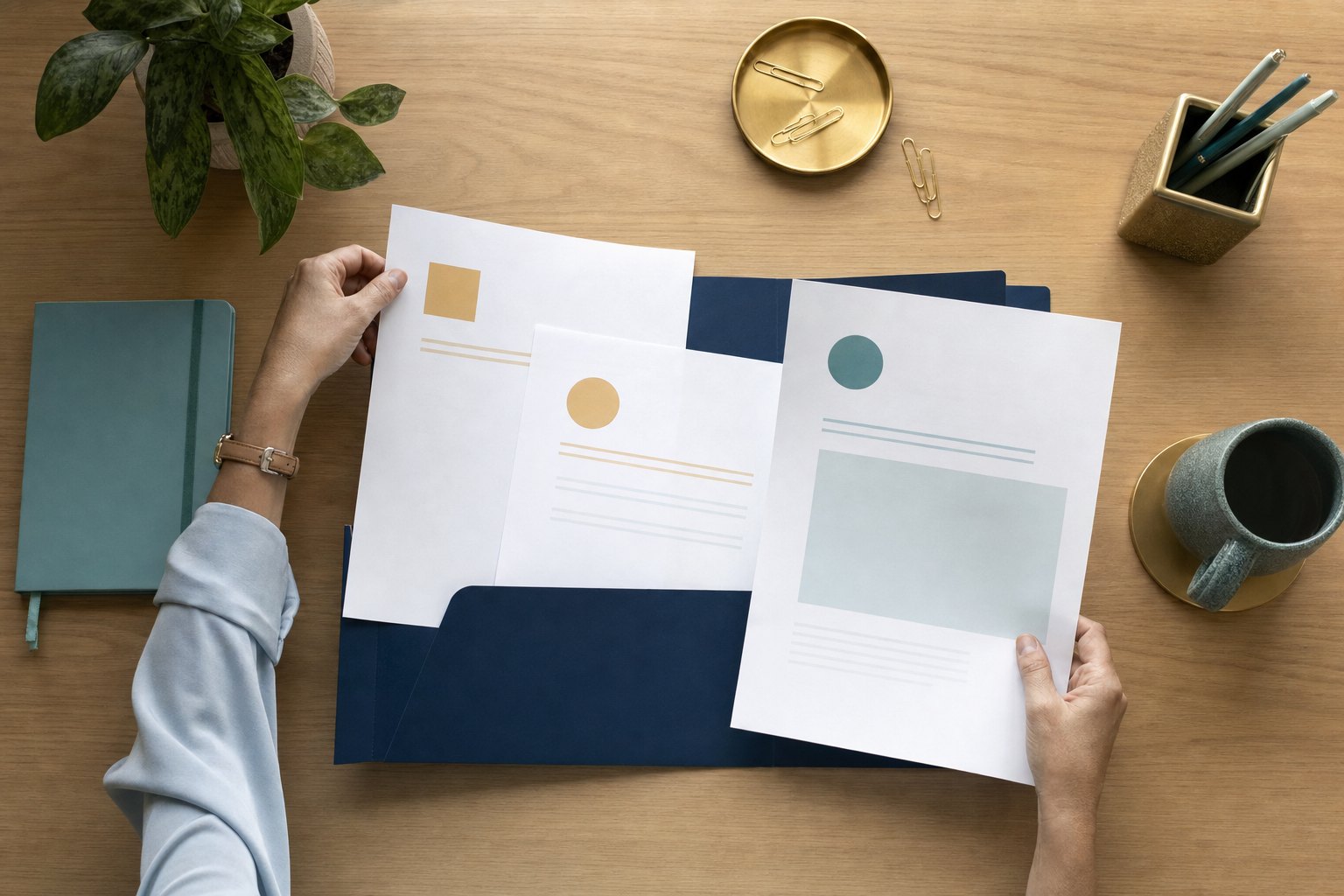 Practice administrator sorting billing review documents at a desk