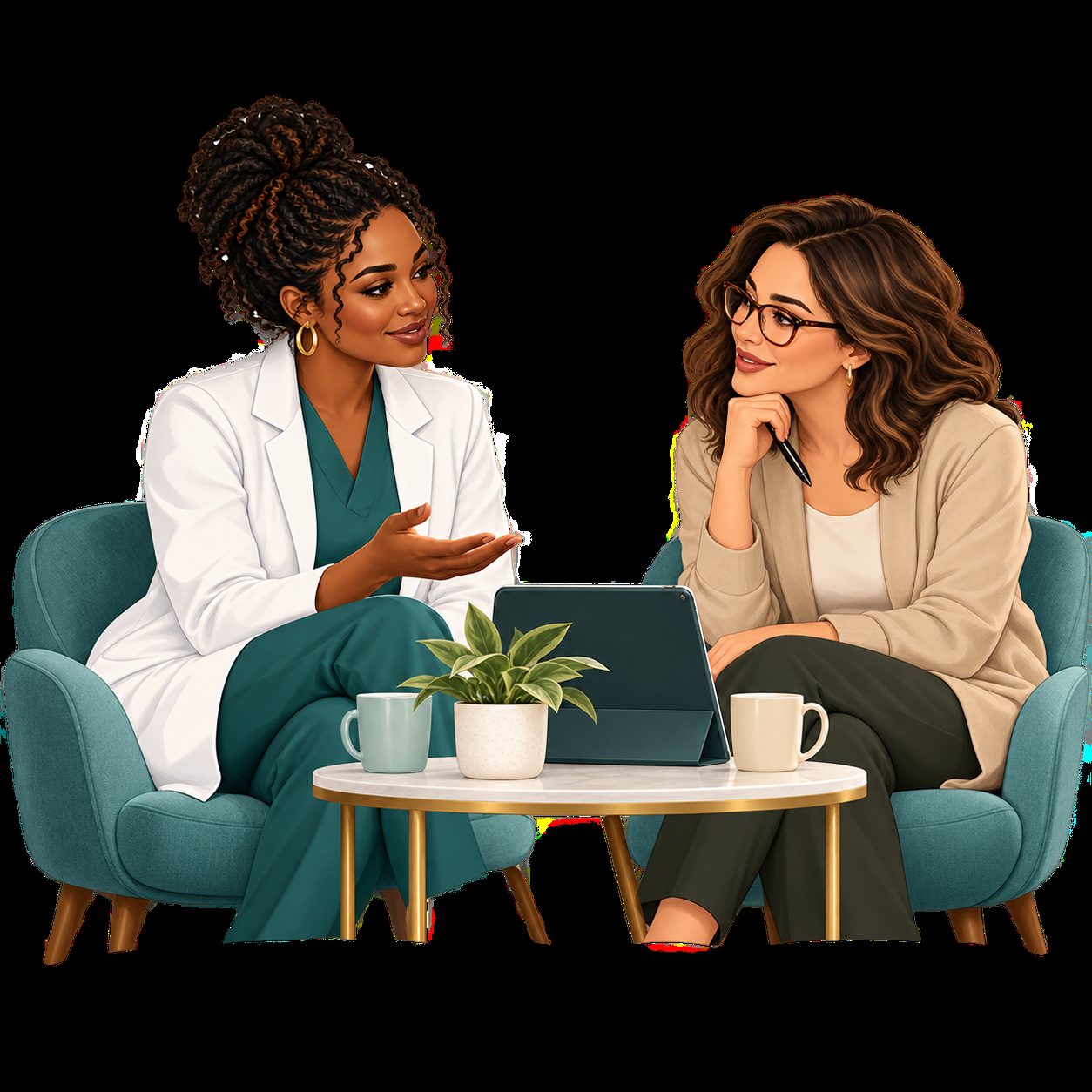 Illustration of a nurse practitioner and therapist discussing coordinated care
