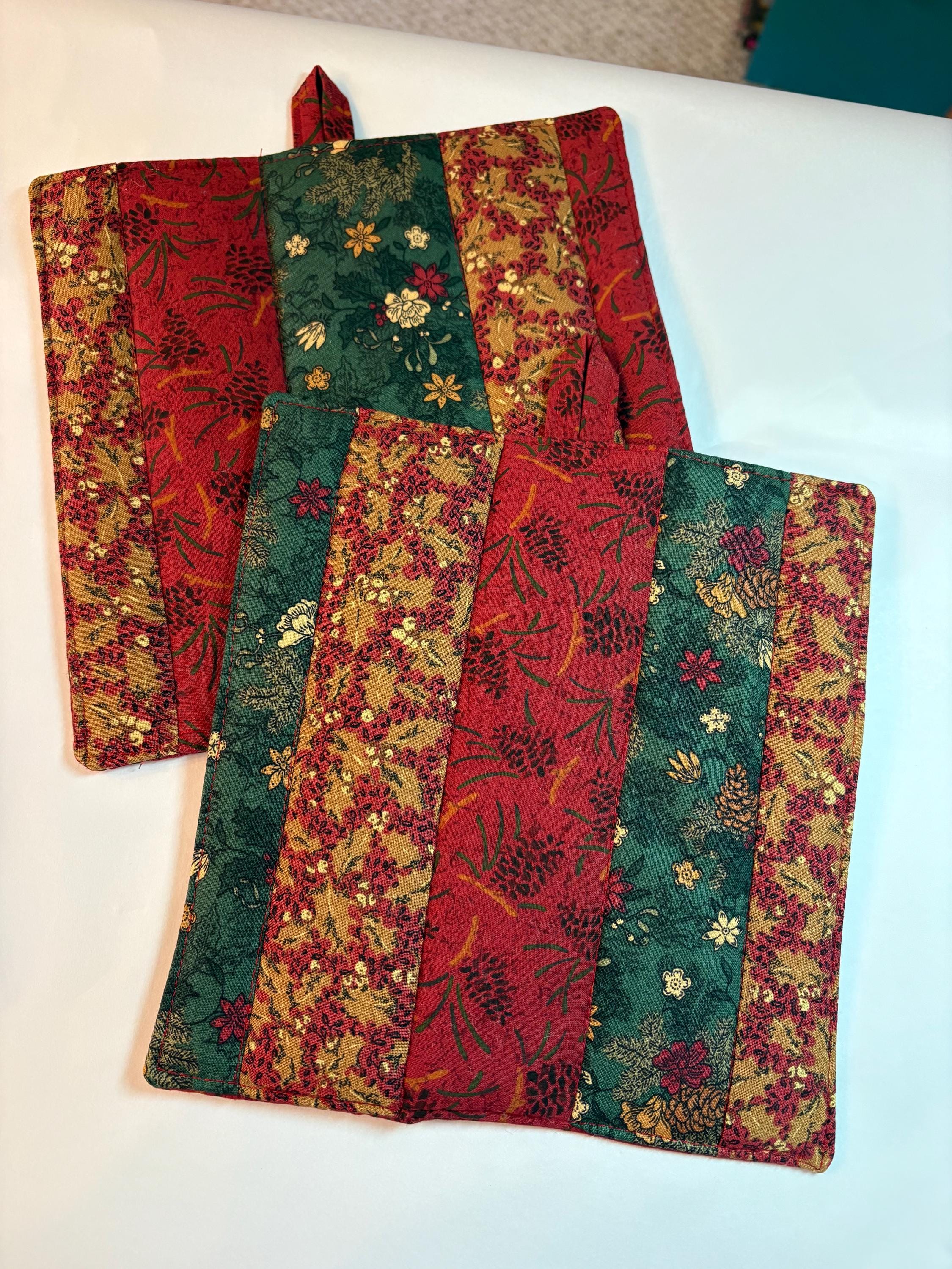 Close view of a handmade quilted potholder