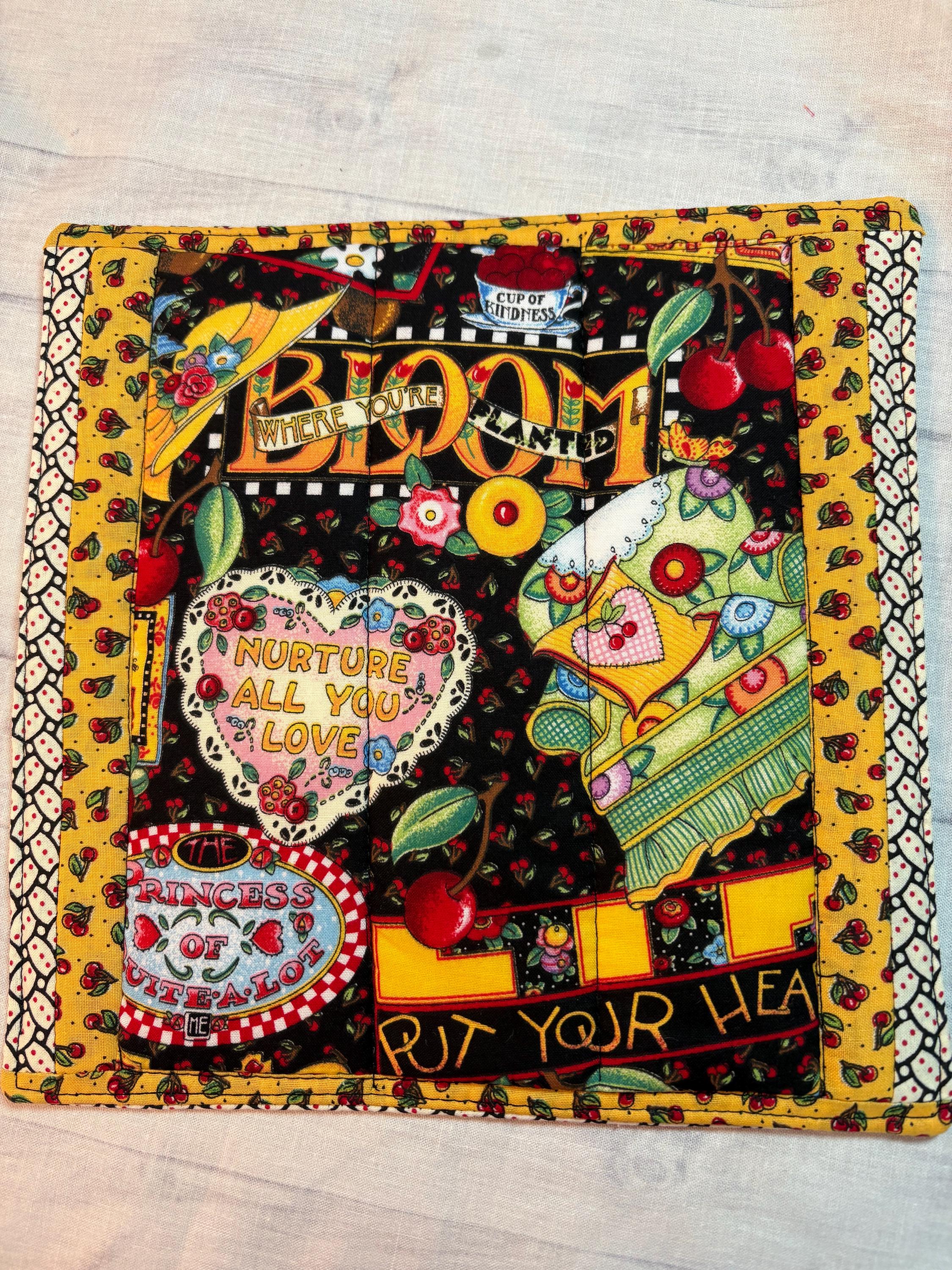 Single Mary Engelbreit potholder, 9” homemade quilted