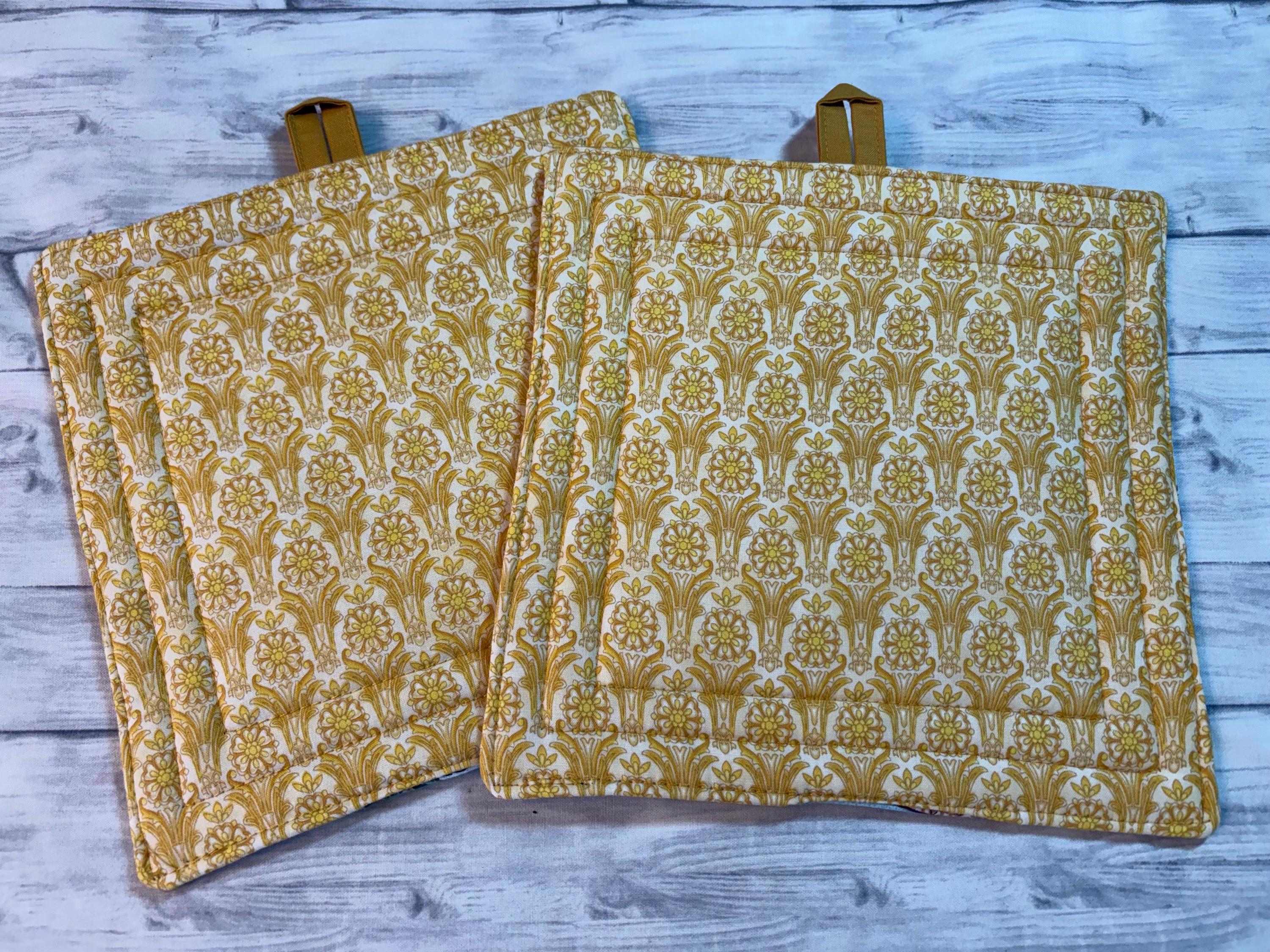 Pair of Vintage style seed pack label potholders, 8.25” homemade quilted view 3