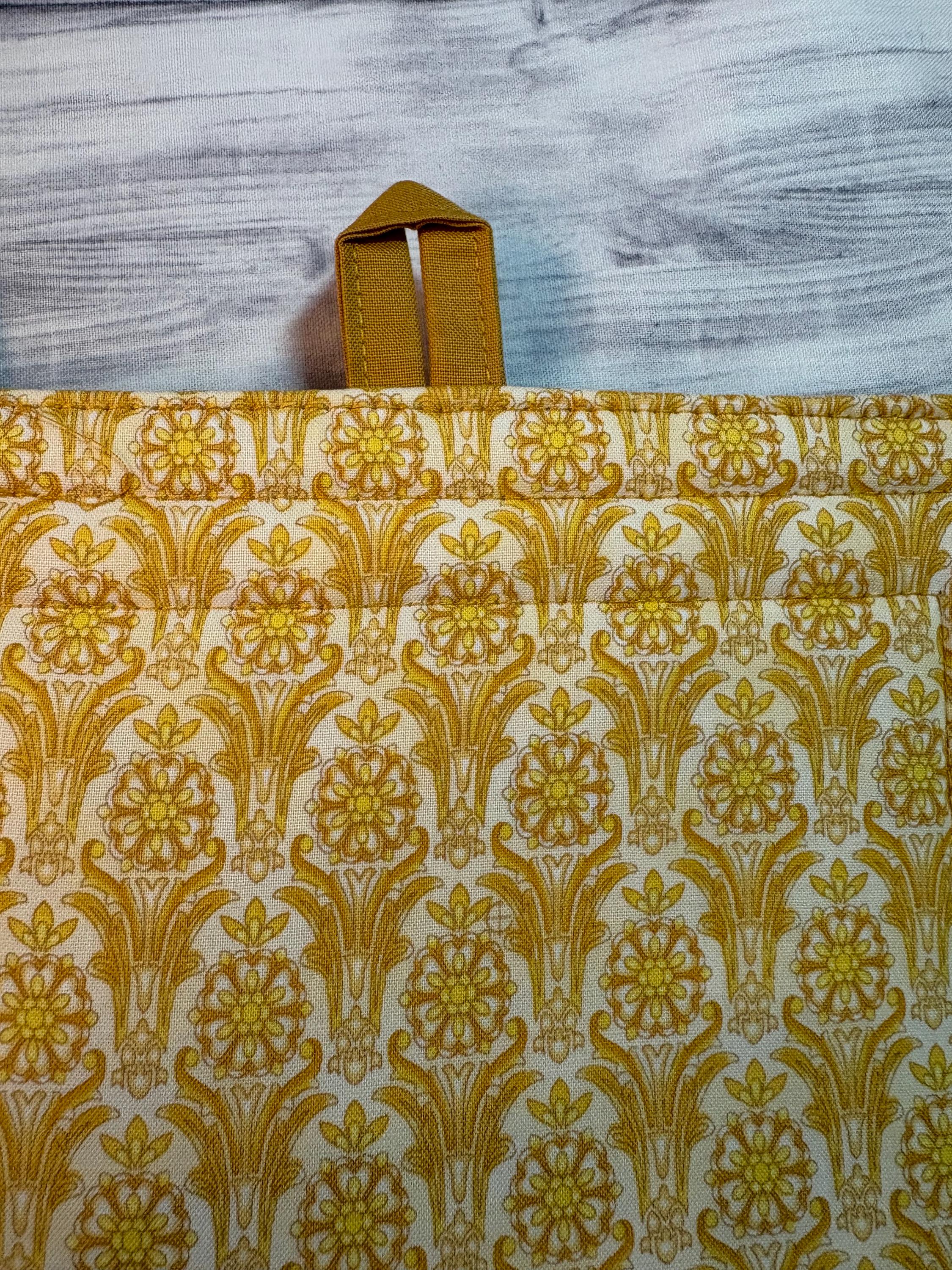 Pair of Vintage style seed pack label potholders, 8.25” homemade quilted view 4